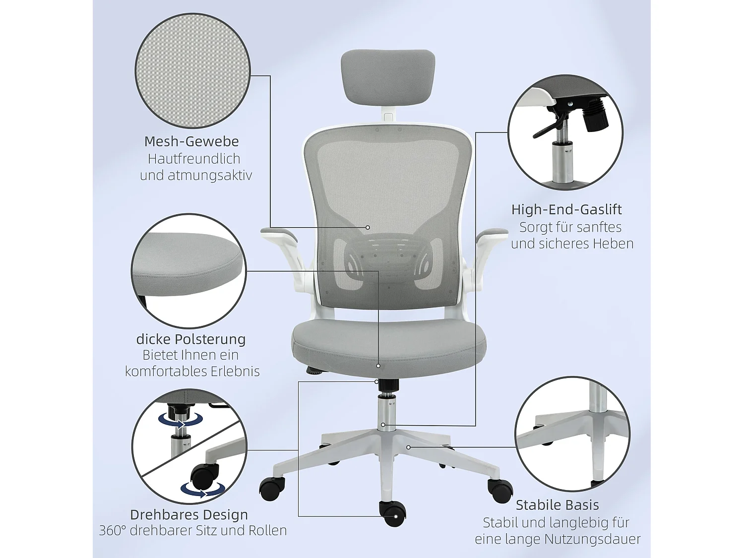 Sedia da ufficio ergonomica con poggiatesta e funzione di inclinazione, regolabile in altezza, plastica, grigio (65x64x114-122 cm)