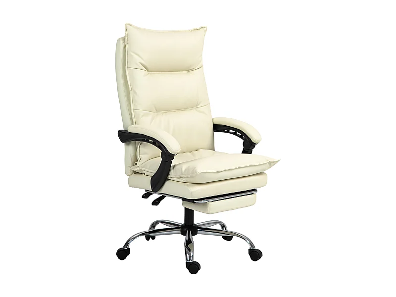 Silla de oficina ergonómica con inclinación de 155°, piel sintética beige, reposapiés ajustable (66x72x122-130cm)