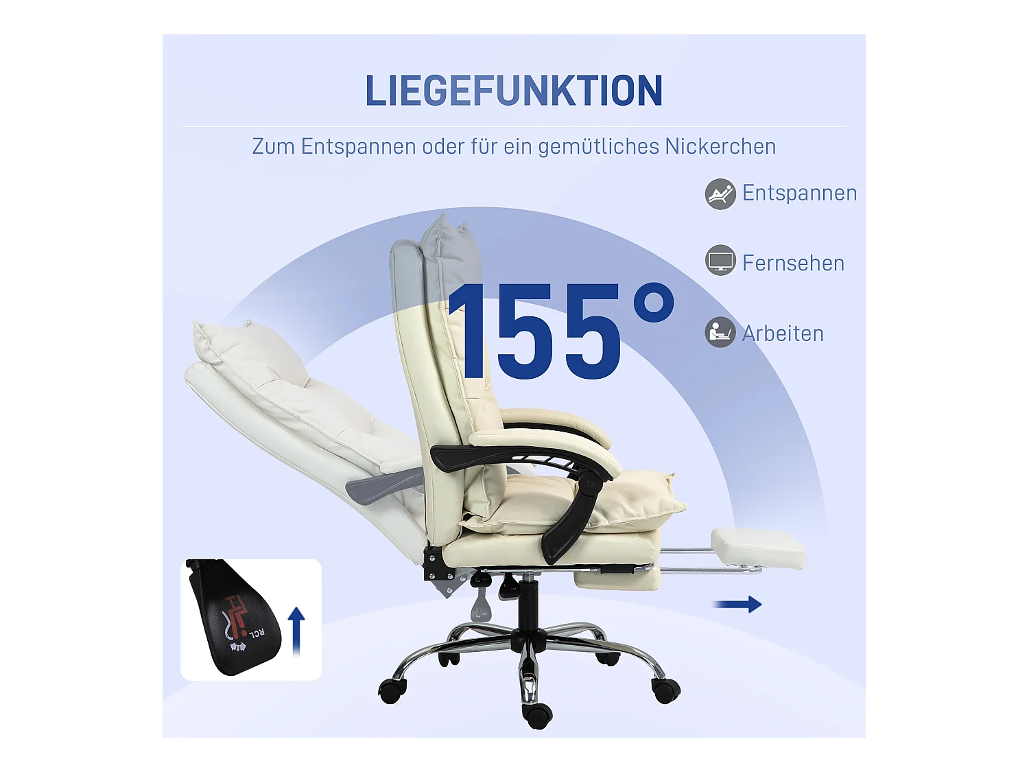 Ergonomische bureaustoel met 155° kantelhoek, beige imitatieleer, voetensteun, verstelbaar (66x72x122-130cm)
