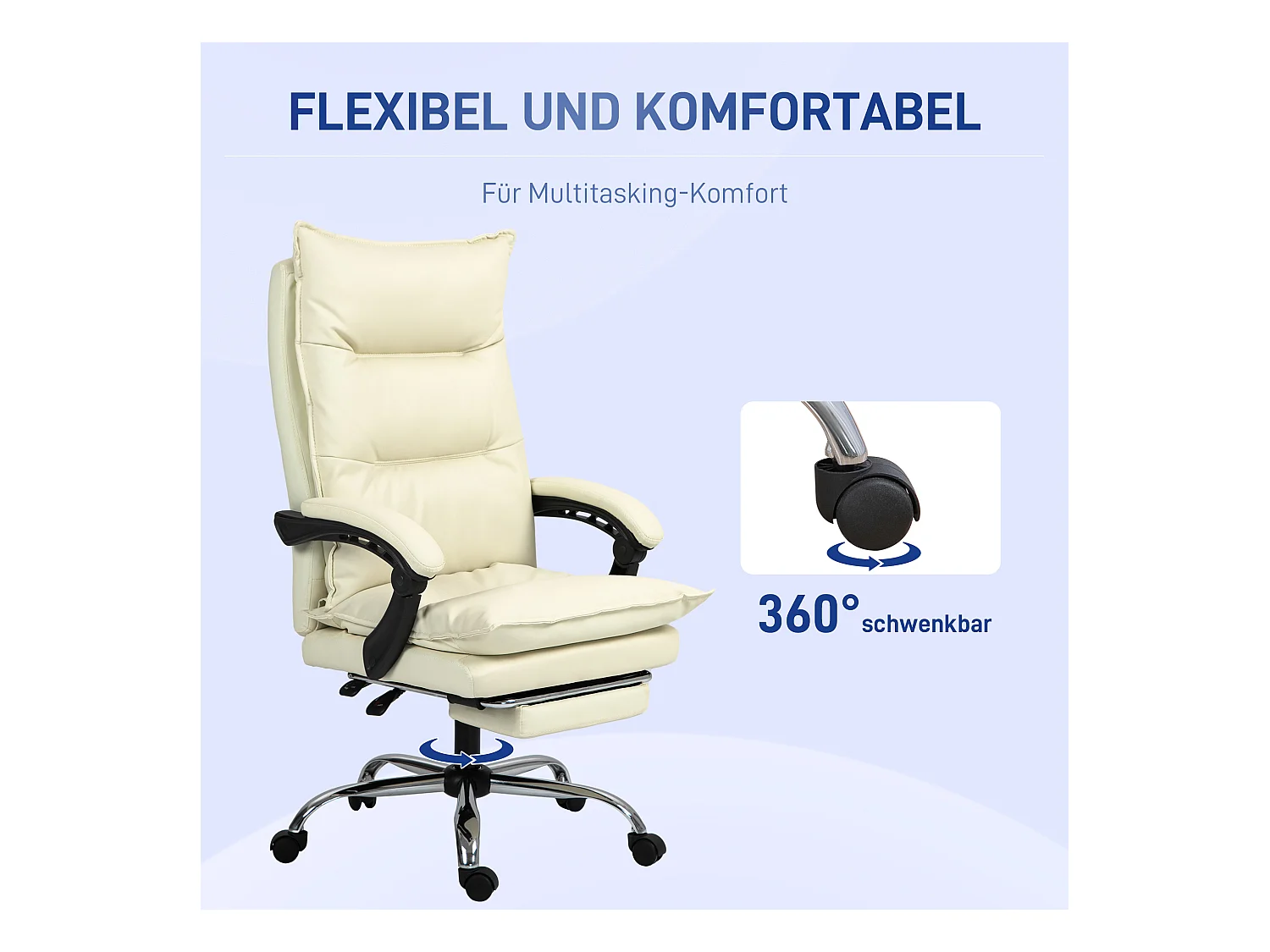 Ergonomische bureaustoel met 155° kantelhoek, beige imitatieleer, voetensteun, verstelbaar (66x72x122-130cm)