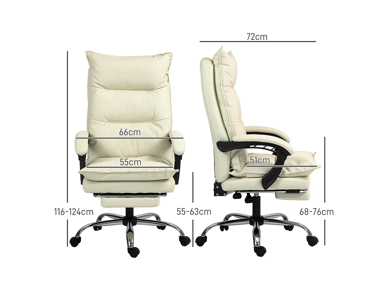 Fauteuil de bureau ergonomique inclinable 155°, simili cuir beige, repose-pieds, réglable (66x72x122-130cm)