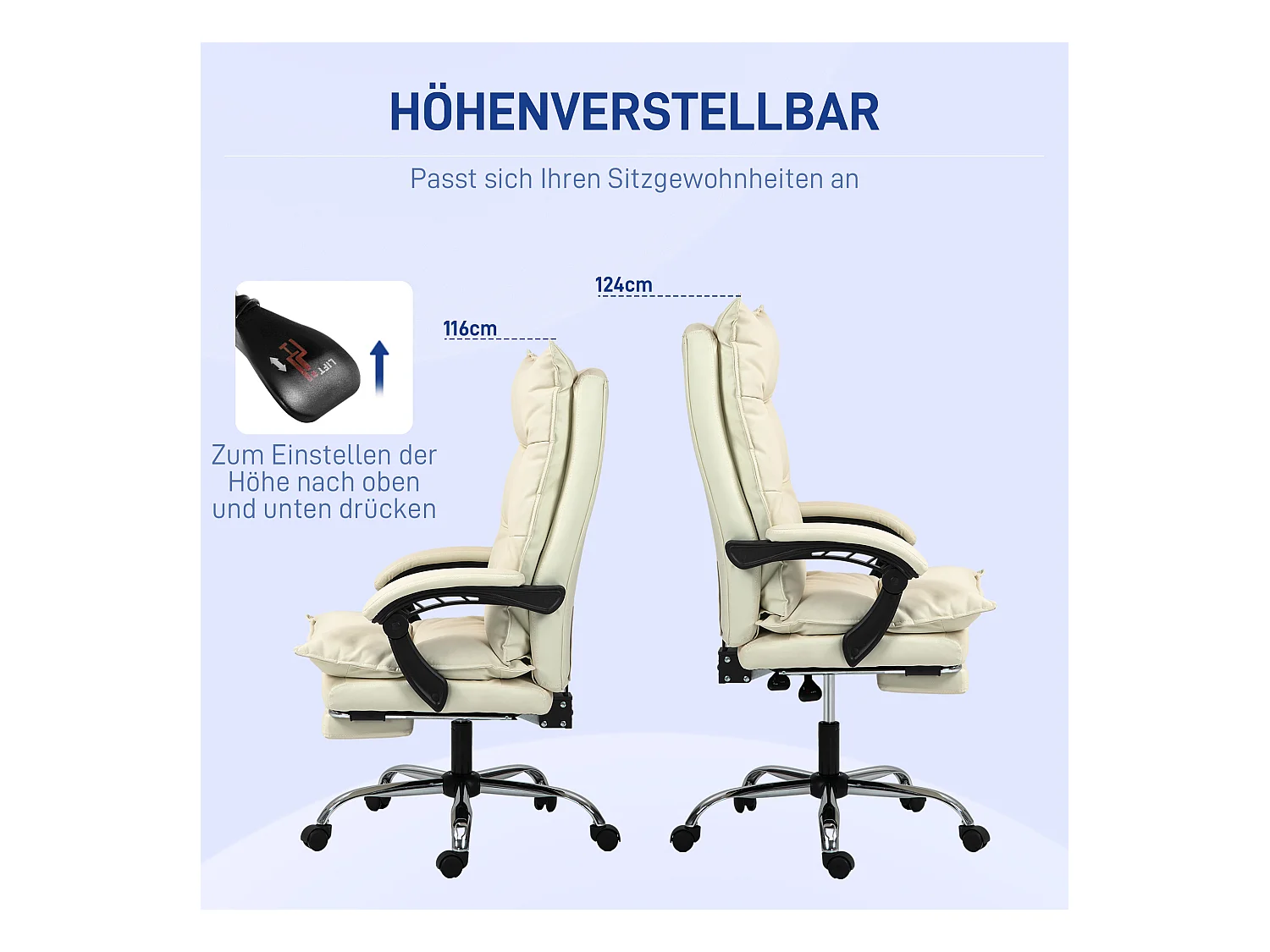 Fauteuil de bureau ergonomique inclinable 155°, simili cuir beige, repose-pieds, réglable (66x72x122-130cm)