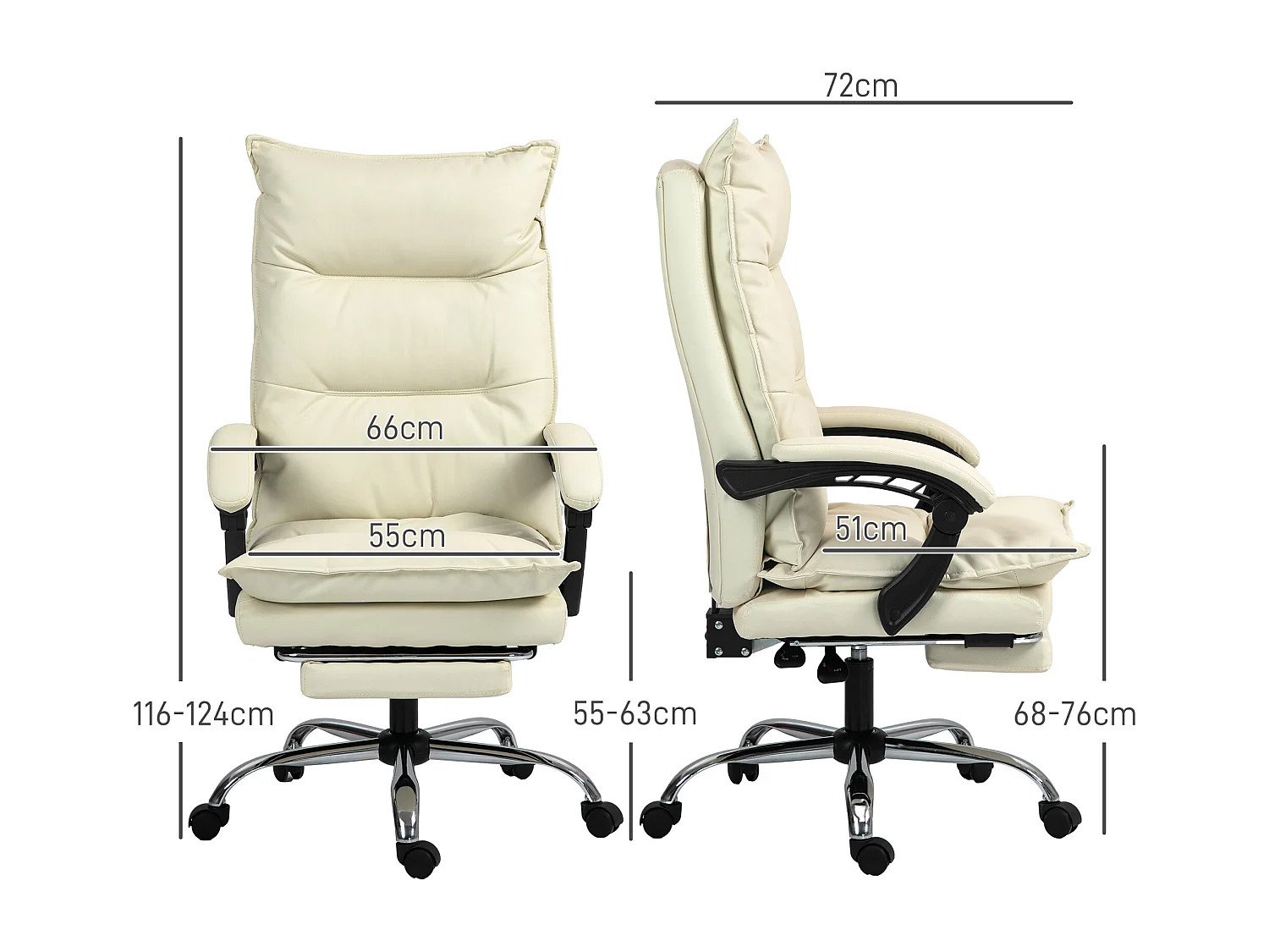 Fauteuil de bureau ergonomique inclinable 155°, simili cuir beige, repose-pieds, réglable (66x72x122-130cm)