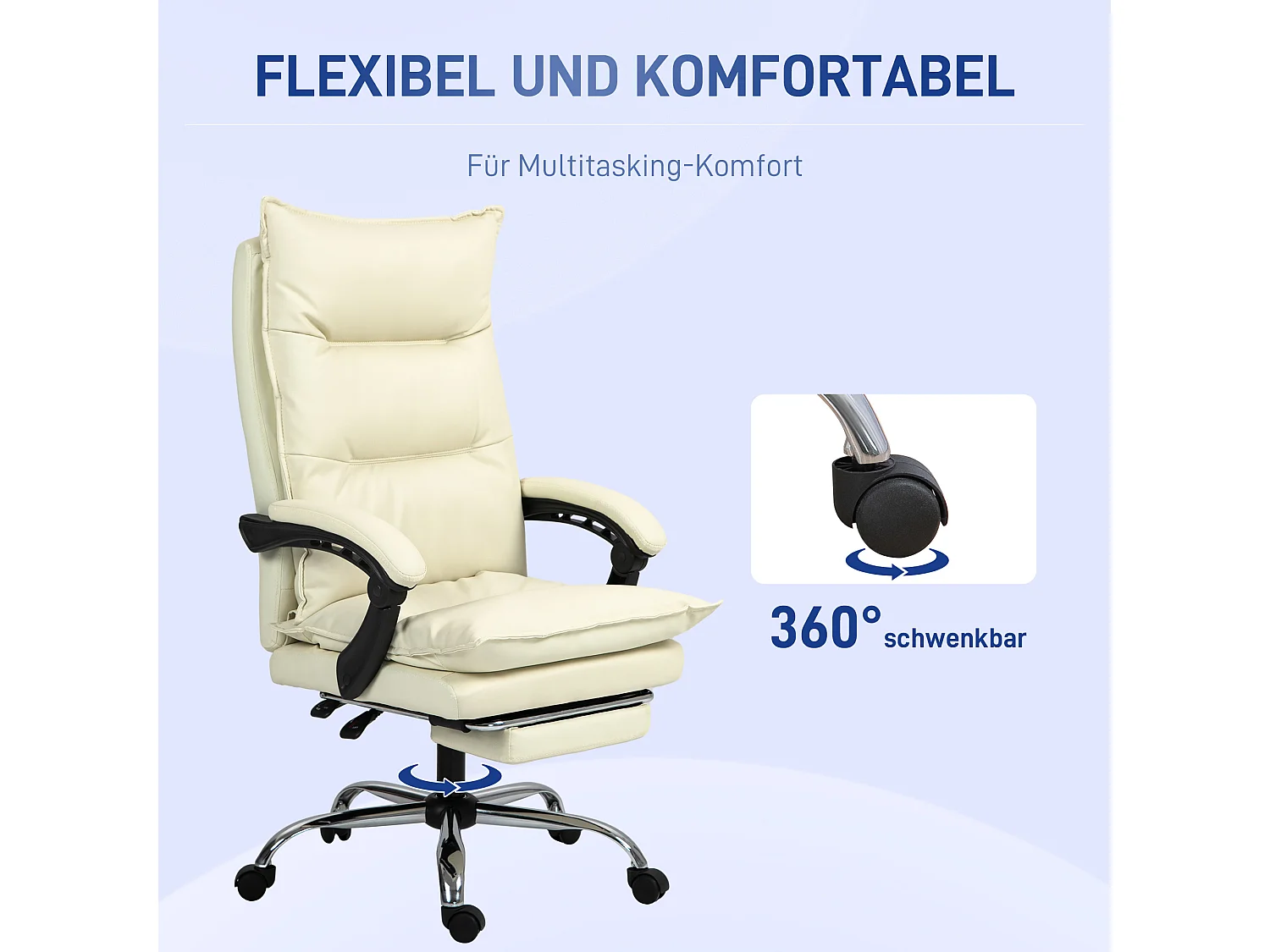 Fauteuil de bureau ergonomique inclinable 155°, simili cuir beige, repose-pieds, réglable (66x72x122-130cm)