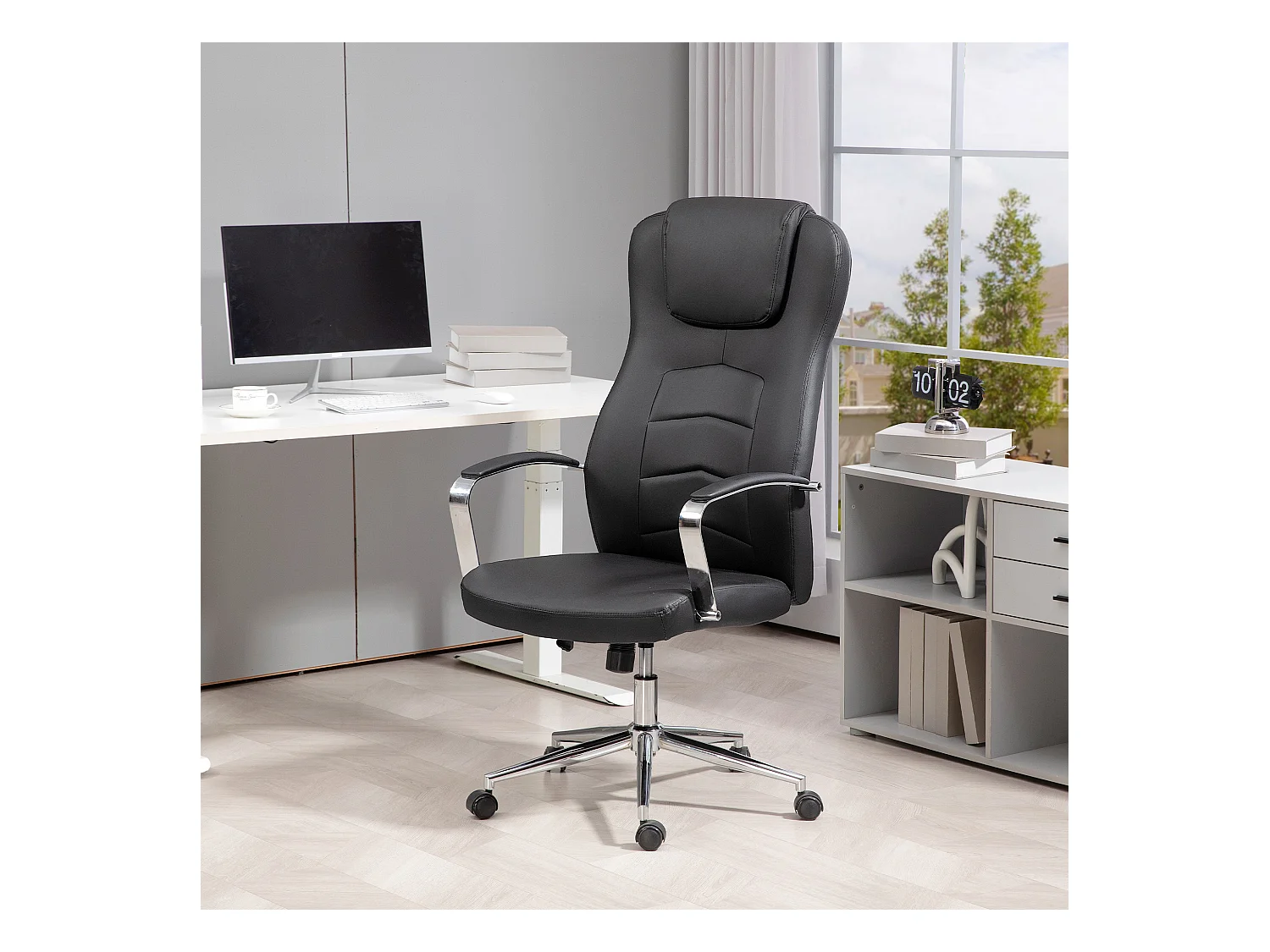 Fauteuil de bureau pivotant avec fonction bascule, simili cuir, réglable, noir (64x78x118-126cm)