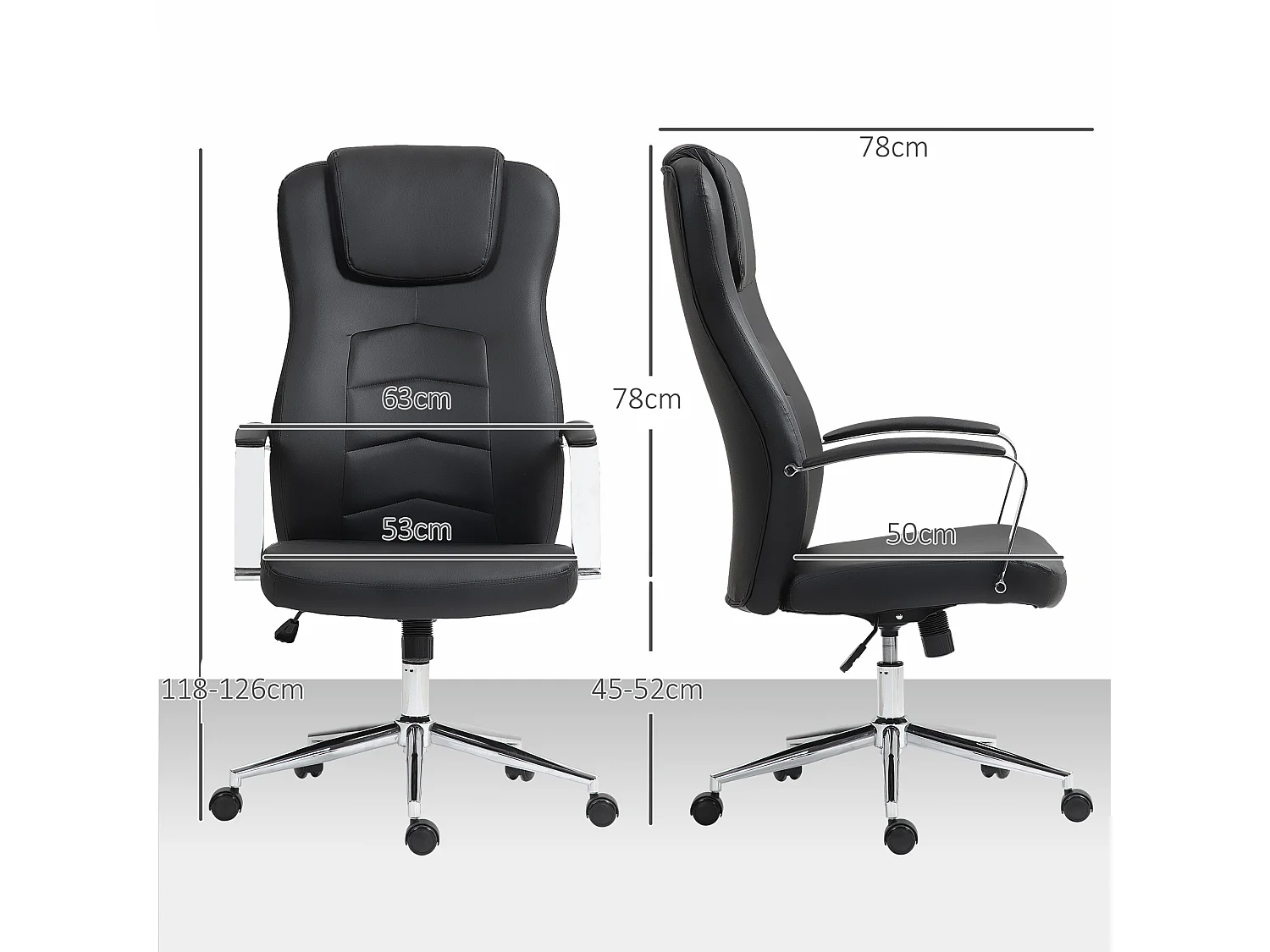 Fauteuil de bureau pivotant avec fonction bascule, simili cuir, réglable, noir (64x78x118-126cm)