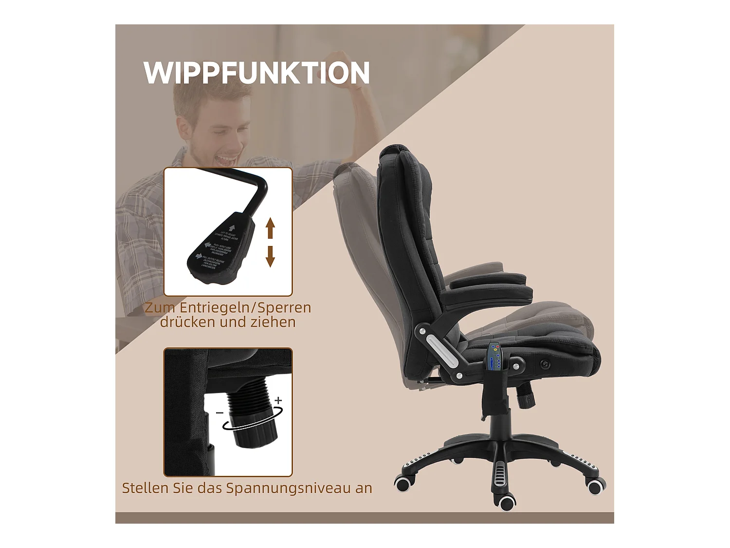 Fauteuil de bureau ergonomique avec massage, fonction chauffante, polyester, noir (67x74x116-126 cm)