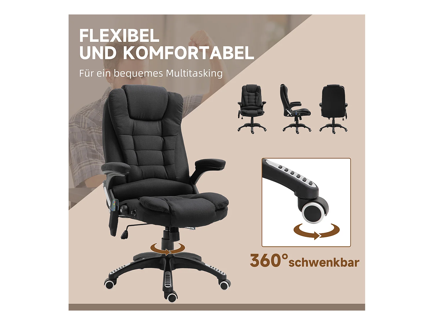 Fauteuil de bureau ergonomique avec massage, fonction chauffante, polyester, noir (67x74x116-126 cm)