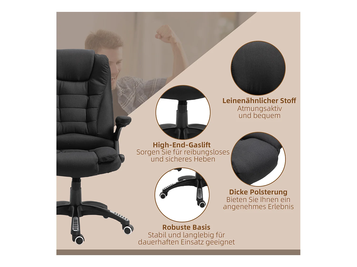Fauteuil de bureau ergonomique avec massage, fonction chauffante, polyester, noir (67x74x116-126 cm)