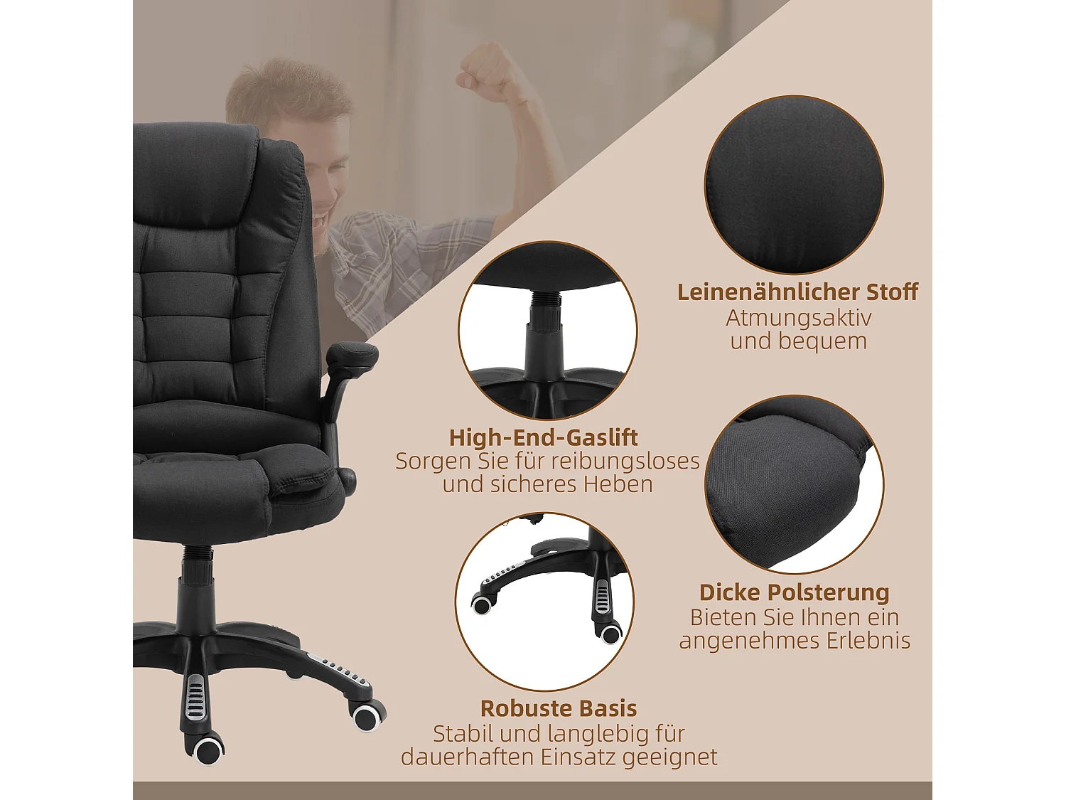 Sedia da ufficio ergonomica con funzione massaggio e riscaldamento, poliestere, nero (67x74x116-126 cm)