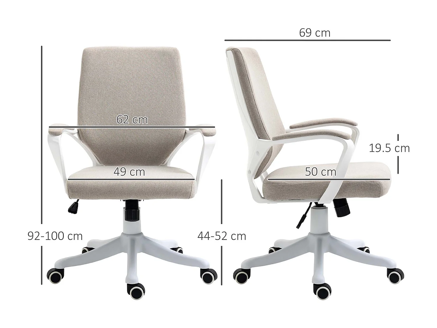 Fauteuil de bureau ergonomique avec soutien lombaire, dossier réglable, polyester beige (62x69x92-100 cm)