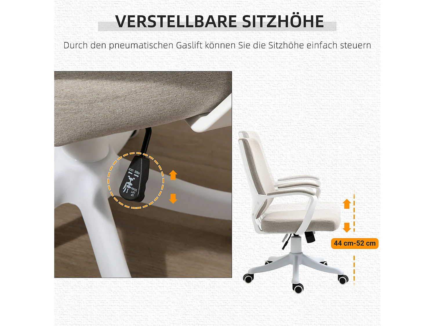 Fauteuil de bureau ergonomique avec soutien lombaire, dossier réglable, polyester beige (62x69x92-100 cm)