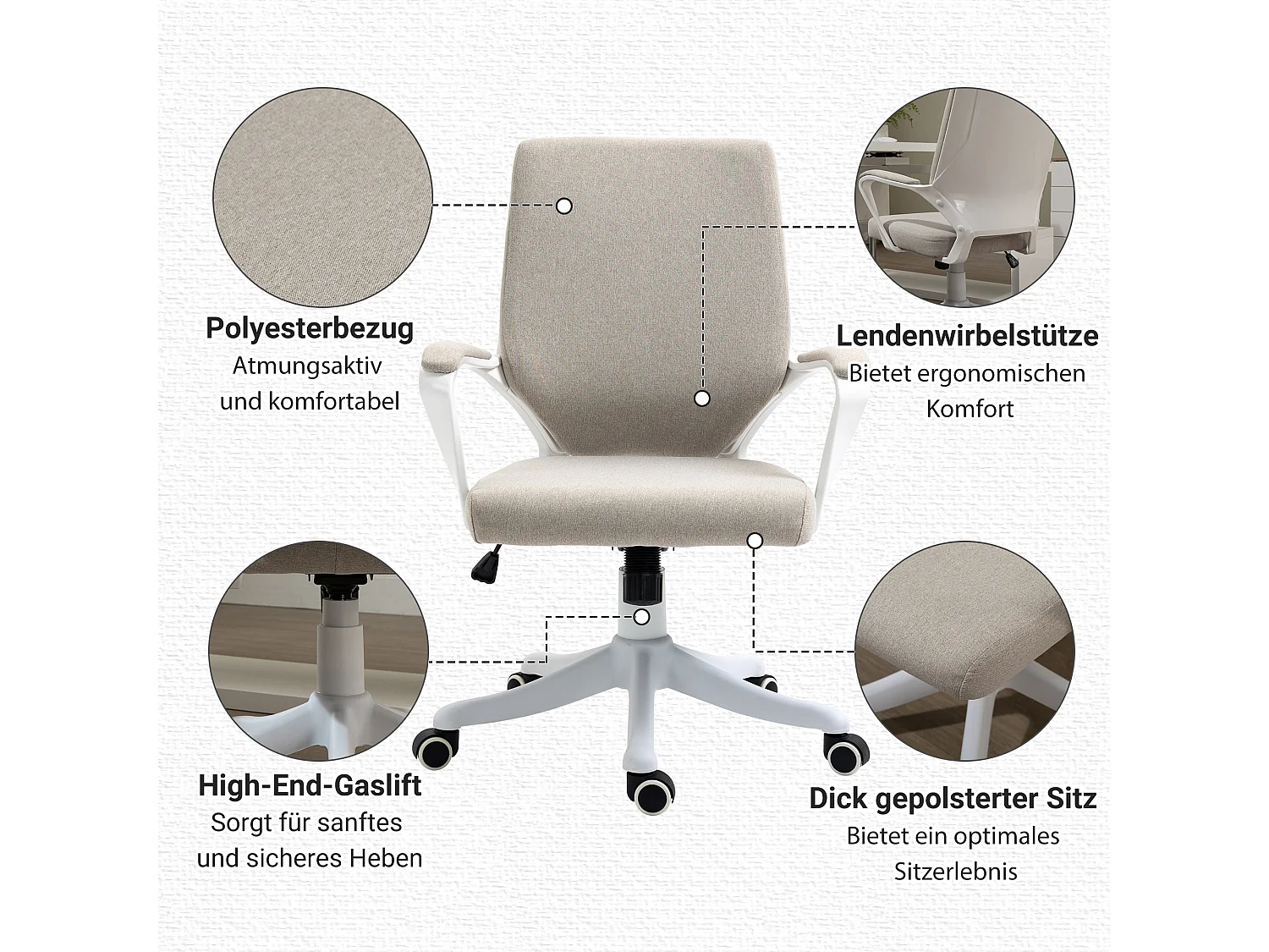 Fauteuil de bureau ergonomique avec soutien lombaire, dossier réglable, polyester beige (62x69x92-100 cm)
