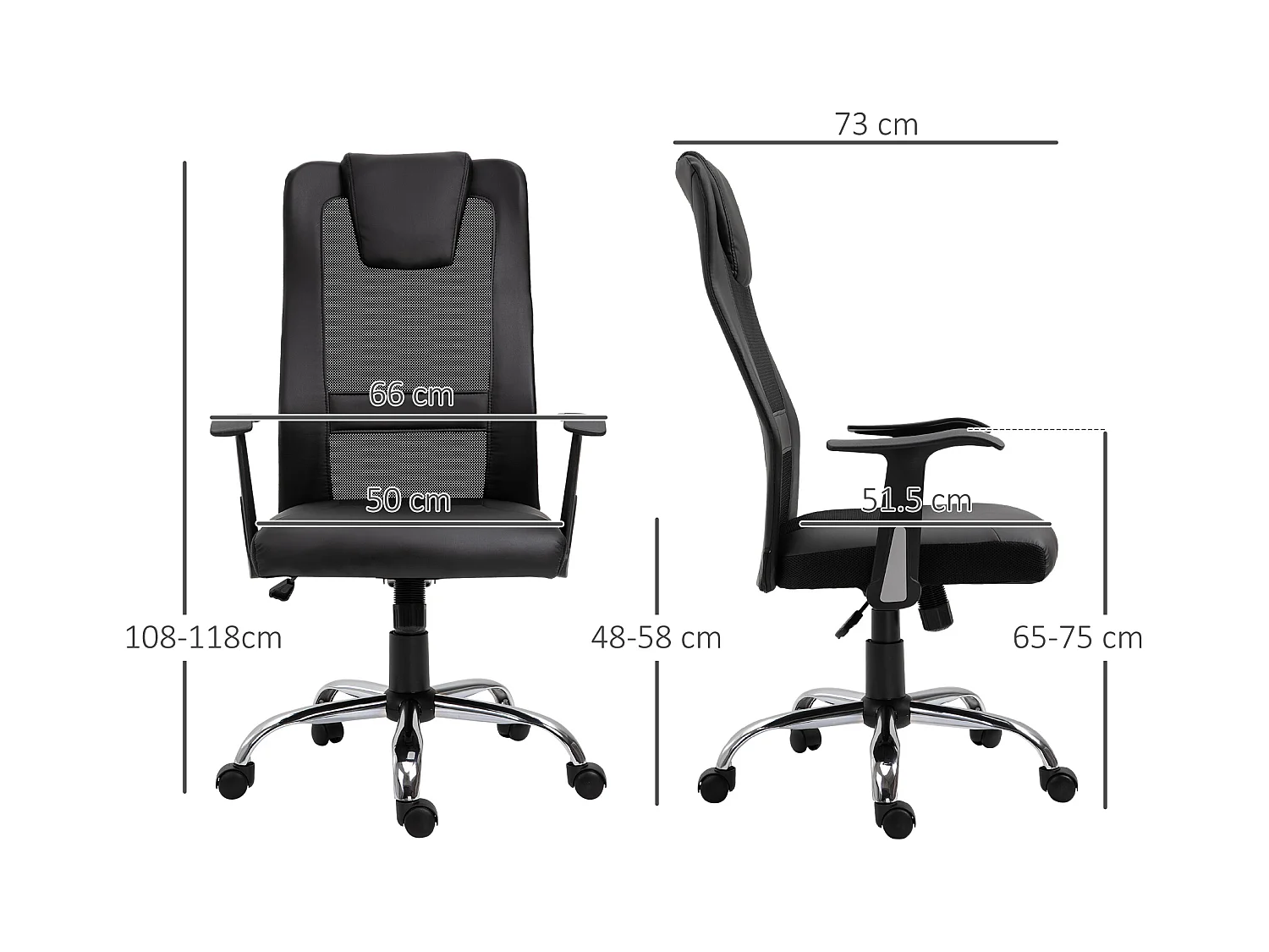Fauteuil de bureau ergonomique avec fonction de bascule, simili cuir noir (66x73x108-118 cm)