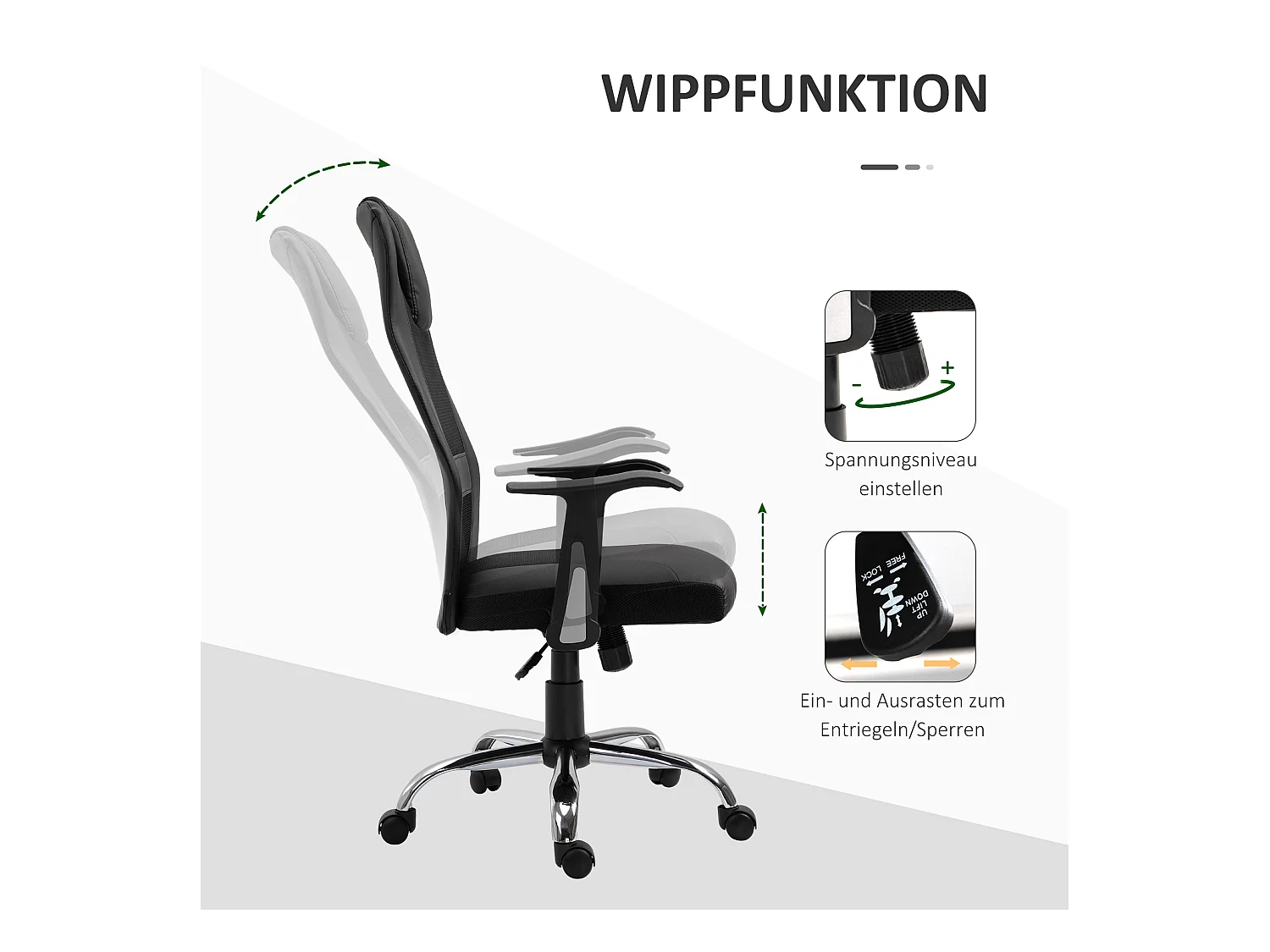 Fauteuil de bureau ergonomique avec fonction de bascule, simili cuir noir (66x73x108-118 cm)