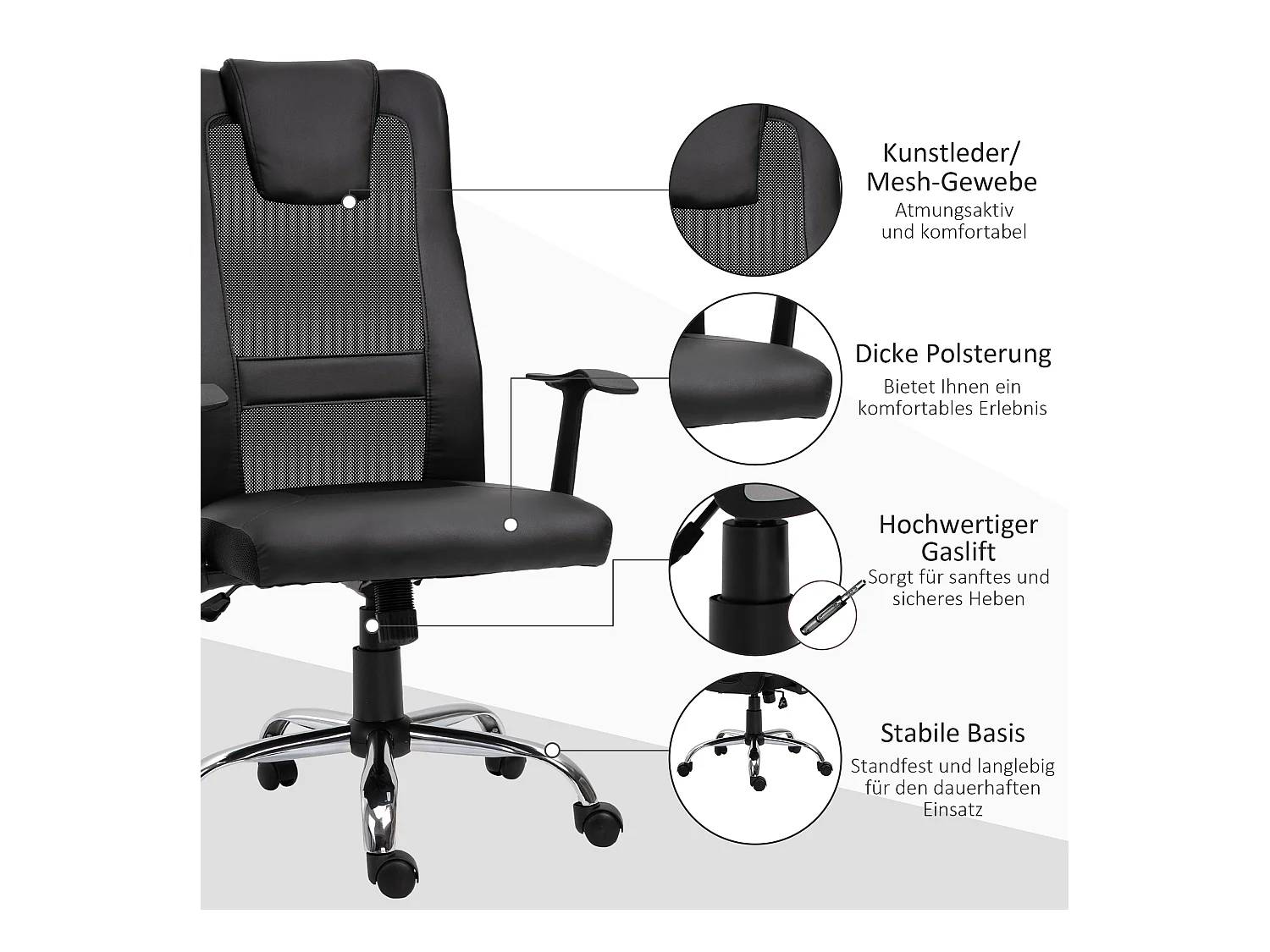 Fauteuil de bureau ergonomique avec fonction de bascule, simili cuir noir (66x73x108-118 cm)