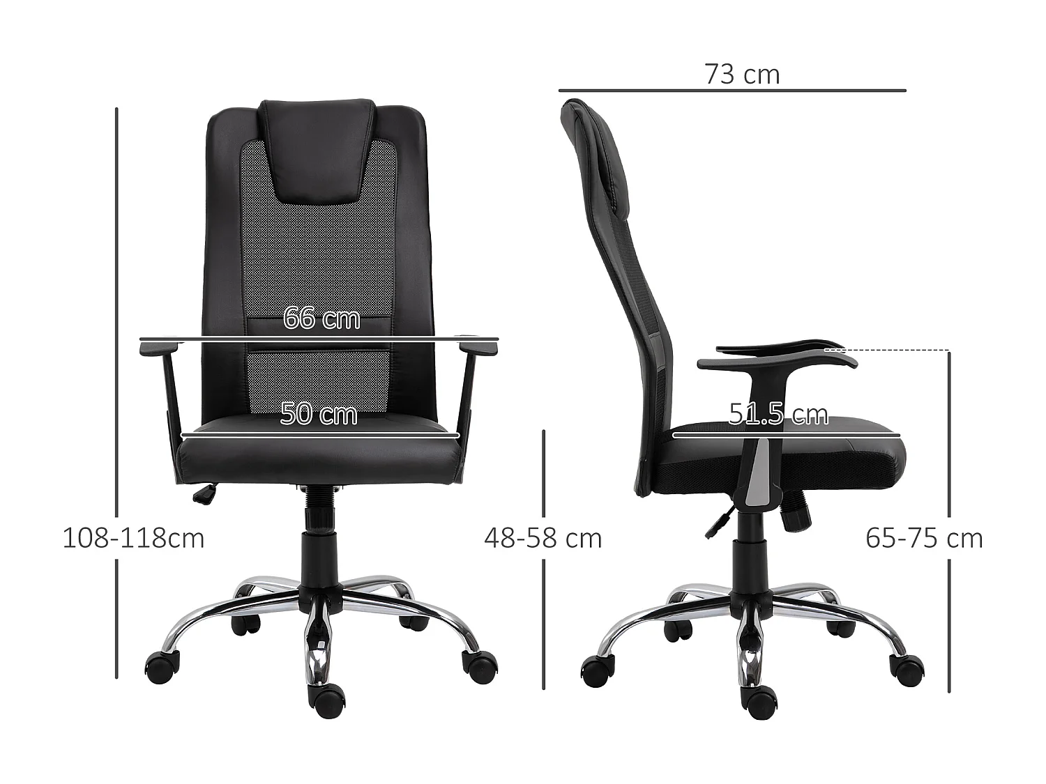 Fauteuil de bureau ergonomique avec fonction de bascule, simili cuir noir (66x73x108-118 cm)