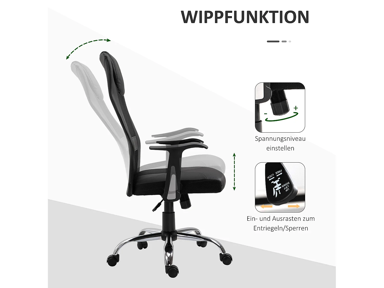 Fauteuil de bureau ergonomique avec fonction de bascule, simili cuir noir (66x73x108-118 cm)