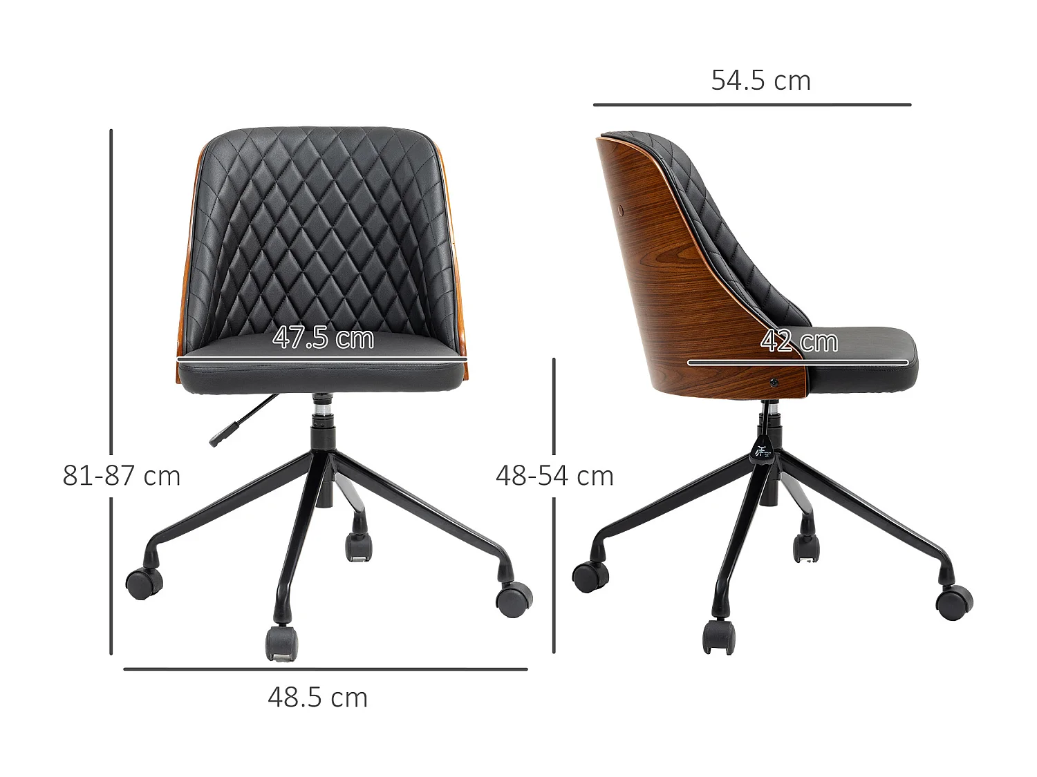 Chaise de bureau ergonomique sans accoudoirs, réglable en hauteur, en simili cuir, noir (48.5x54.5x81-87 cm)