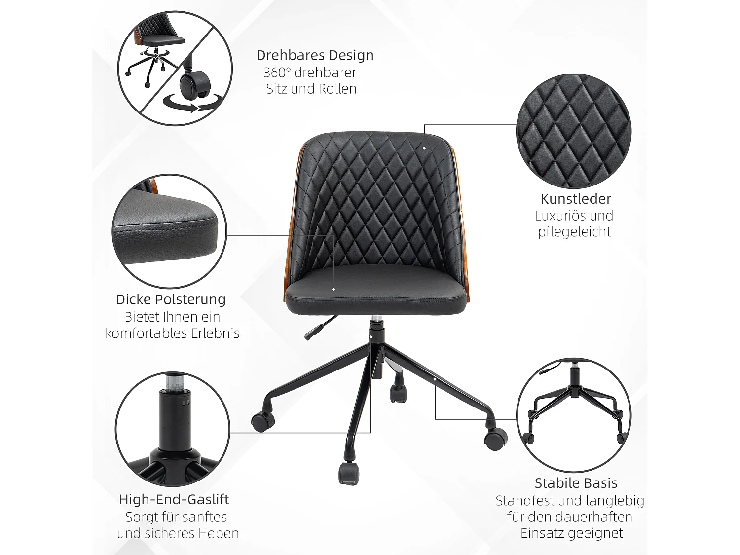 Chaise de bureau ergonomique sans accoudoirs, réglable en hauteur, en simili cuir, noir (48.5x54.5x81-87 cm)