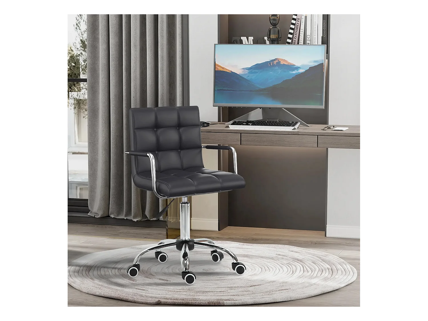 Chaise de bureau ergonomique, réglable en hauteur, avec accoudoirs, PVC, noir (52.5x54x99 cm)