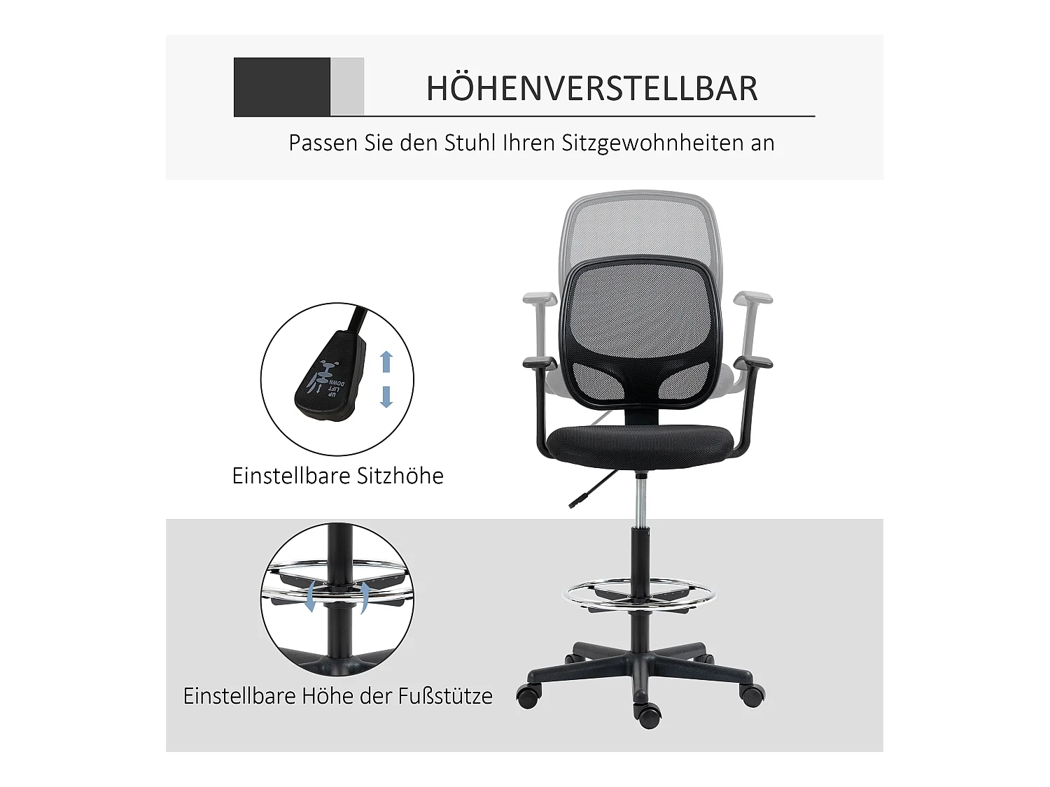 Chaise de bureau ergonomique avec repose-pieds ajustable, design moderne, mousse, noire (60x56x110-132 cm)