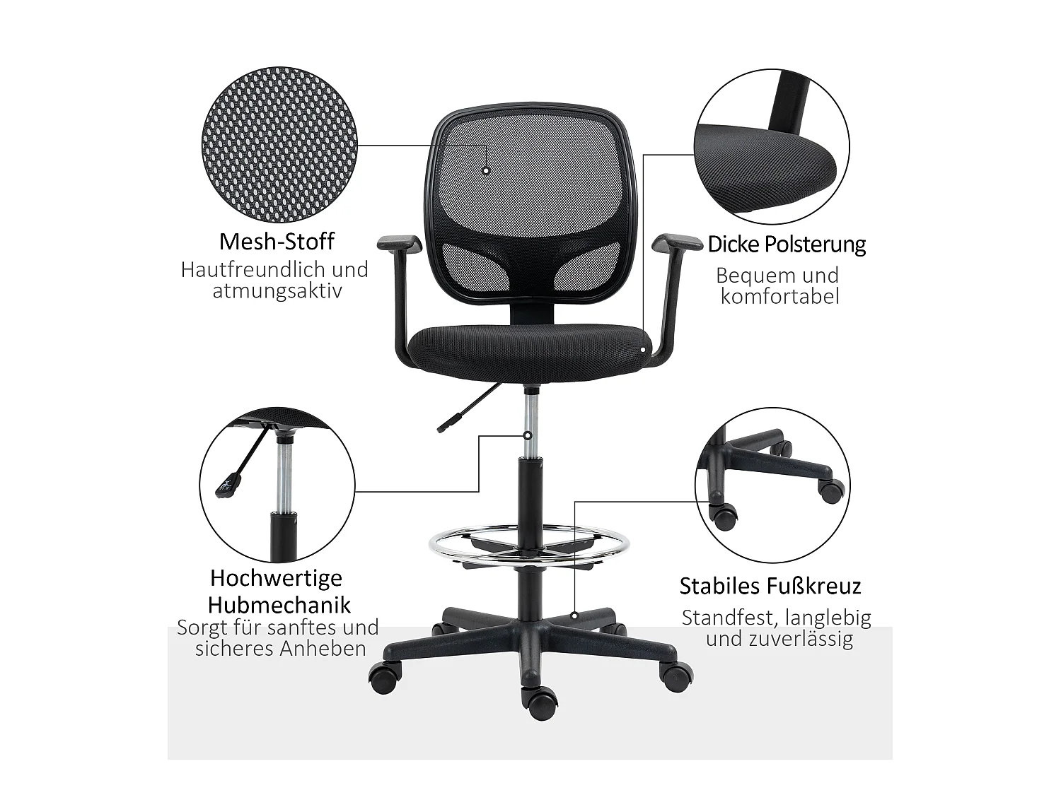 Chaise de bureau ergonomique avec repose-pieds ajustable, design moderne, mousse, noire (60x56x110-132 cm)