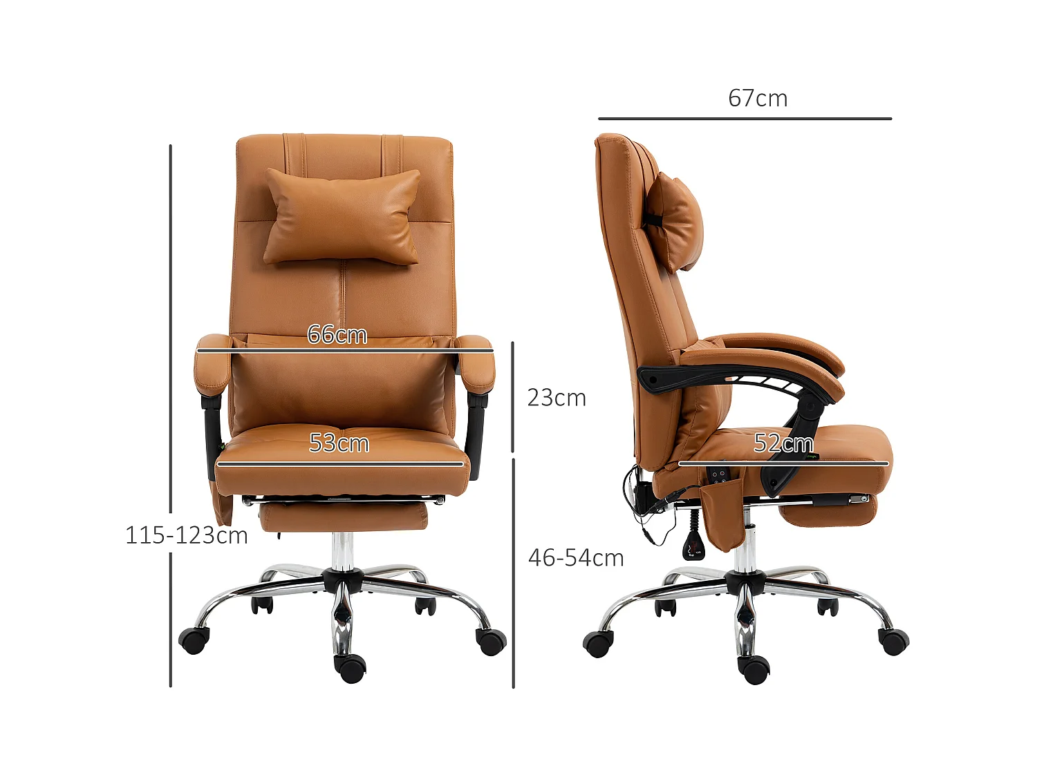 Chaise de bureau avec massage, chauffage lombaire, 6 points de massage, 5 modes, cuir synthétique, marron (66x67x115-123 cm)