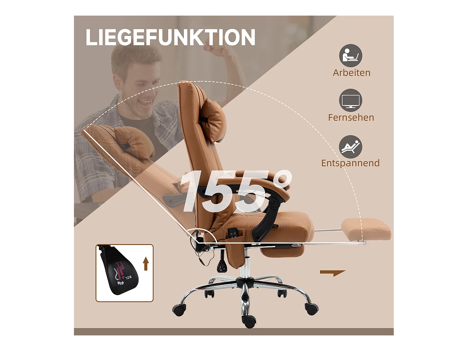 Chaise de bureau avec massage, chauffage lombaire, 6 points de massage, 5 modes, cuir synthétique, marron (66x67x115-123 cm)