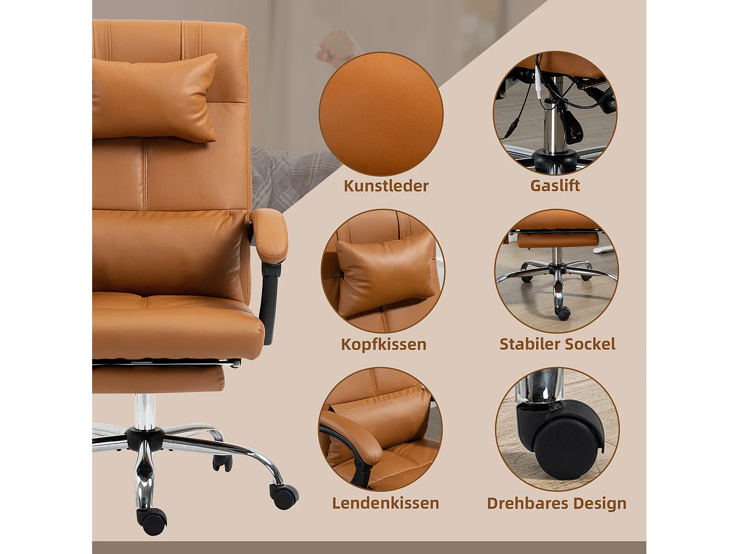 Chaise de bureau avec massage, chauffage lombaire, 6 points de massage, 5 modes, cuir synthétique, marron (66x67x115-123 cm)