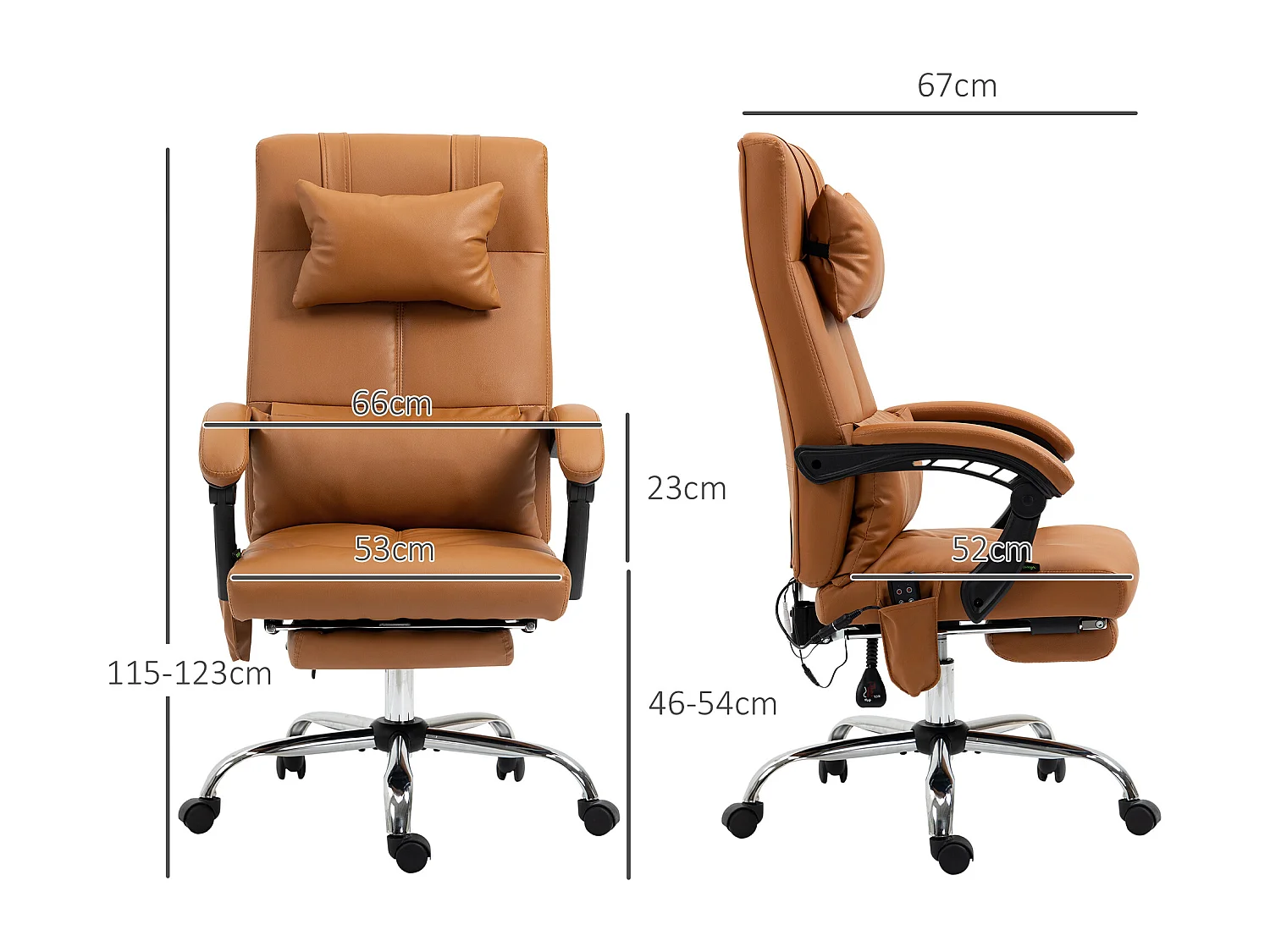 Silla de oficina con masaje, calefacción lumbar, 6 puntos de masaje, 5 modos, piel sintética, marrón (66x67x115-123 cm)