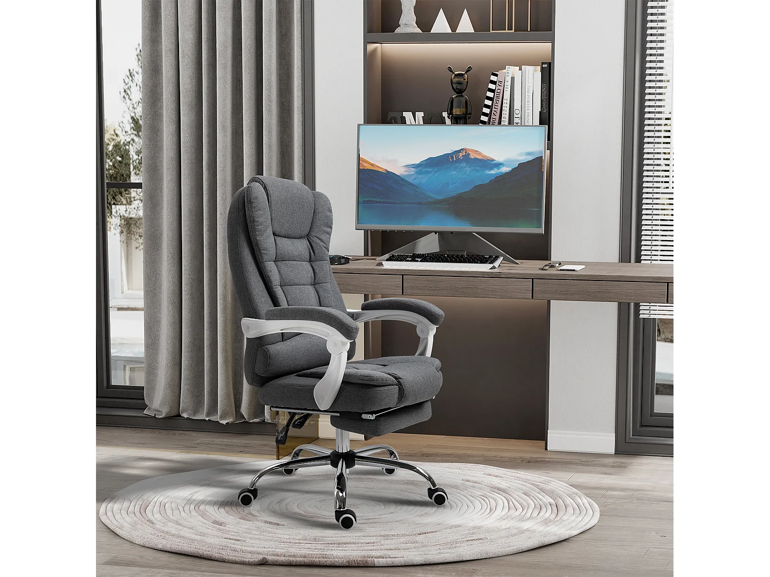 Chaise de bureau ergonomique avec repose-pieds rabattable, ajustable en hauteur et inclinable, métal, gris (65x70x110-118 cm)