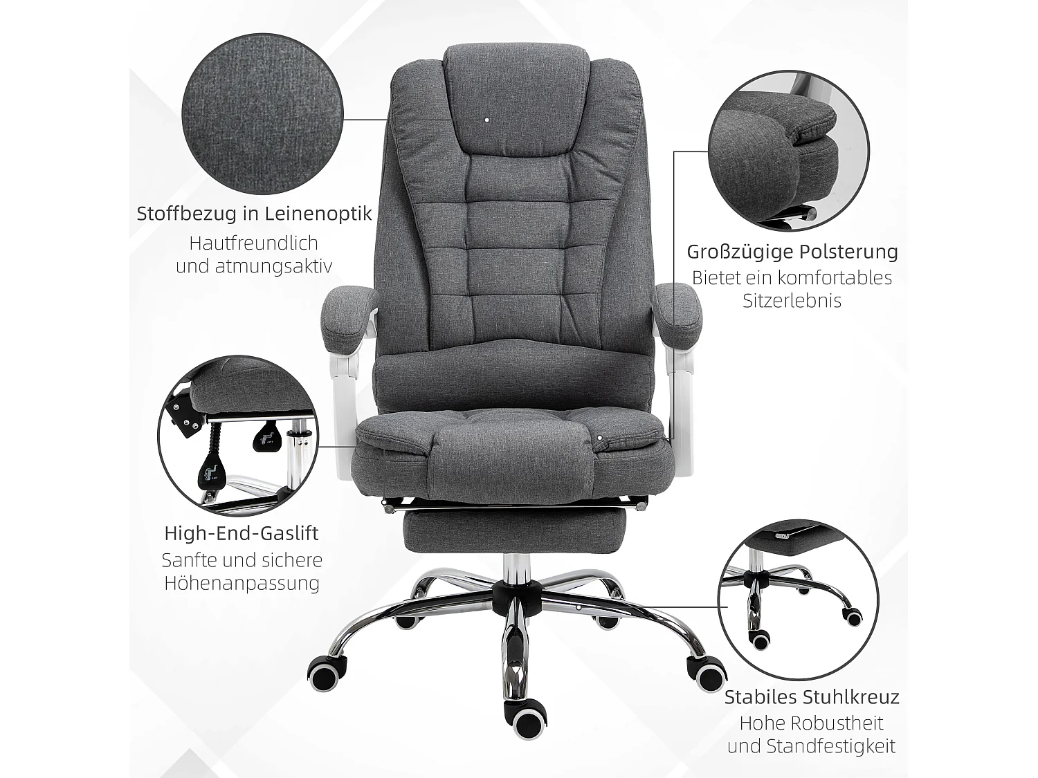 Chaise de bureau ergonomique avec repose-pieds rabattable, ajustable en hauteur et inclinable, métal, gris (65x70x110-118 cm)