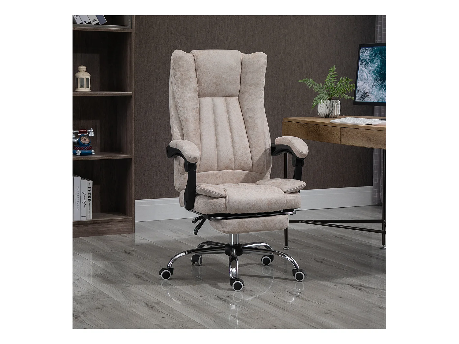 Bureaustoel met relaxfunctie en voetensteun, in hoogte verstelbaar, beige microvezel (63x71x110-118 cm)