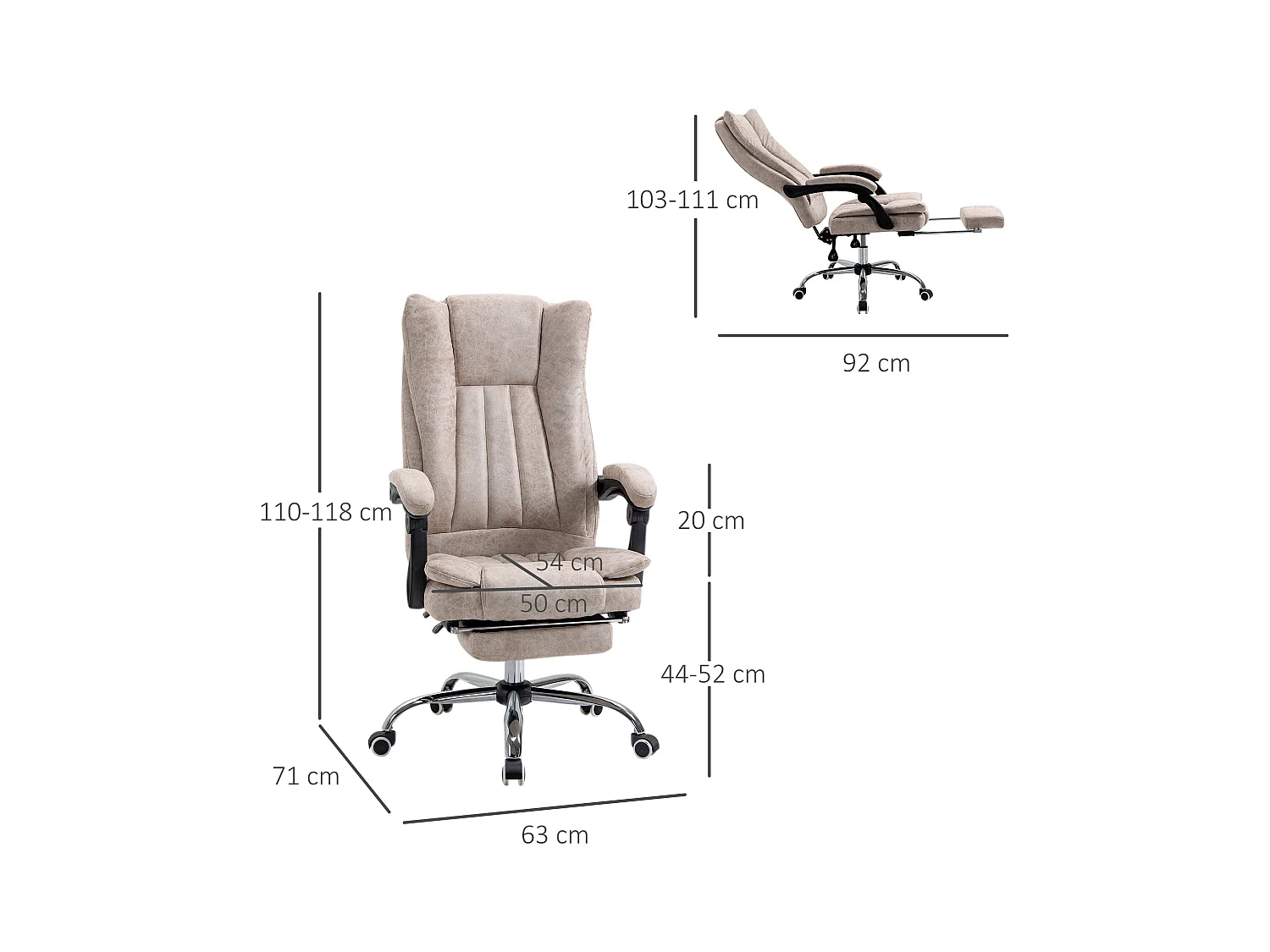 Bureaustoel met relaxfunctie en voetensteun, in hoogte verstelbaar, beige microvezel (63x71x110-118 cm)