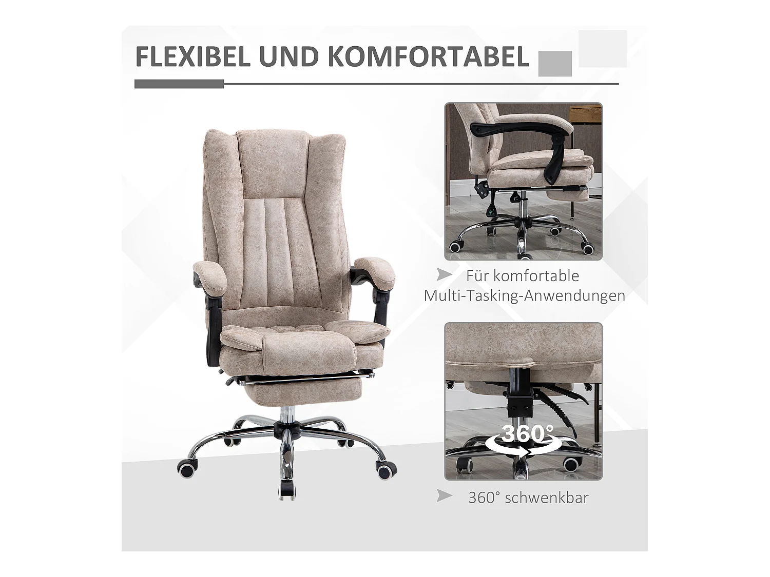 Bureaustoel met relaxfunctie en voetensteun, in hoogte verstelbaar, beige microvezel (63x71x110-118 cm)