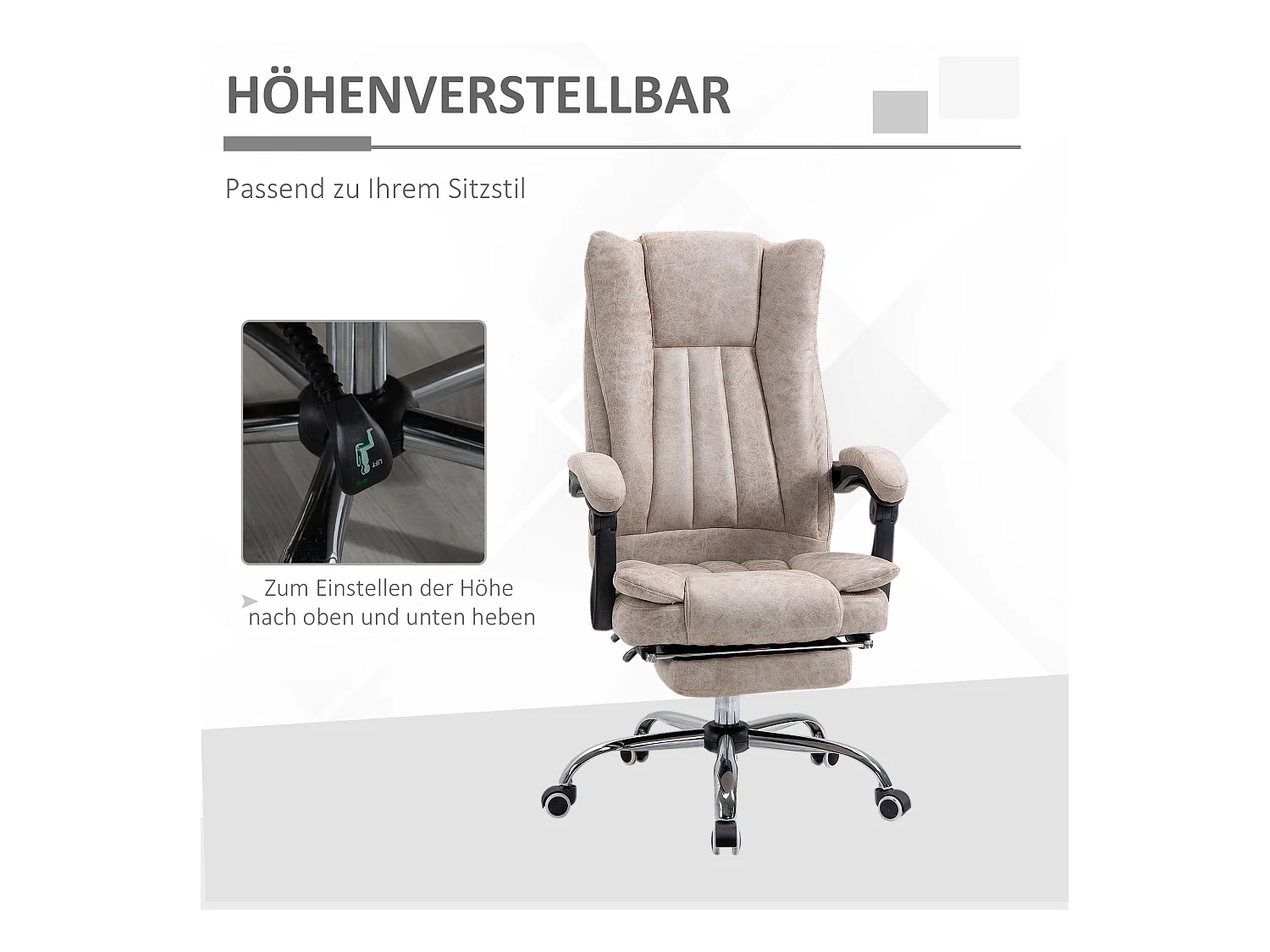 Chaise de bureau avec fonction inclinable et repose-pieds, réglable en hauteur, microfibre beige (63x71x110-118 cm)