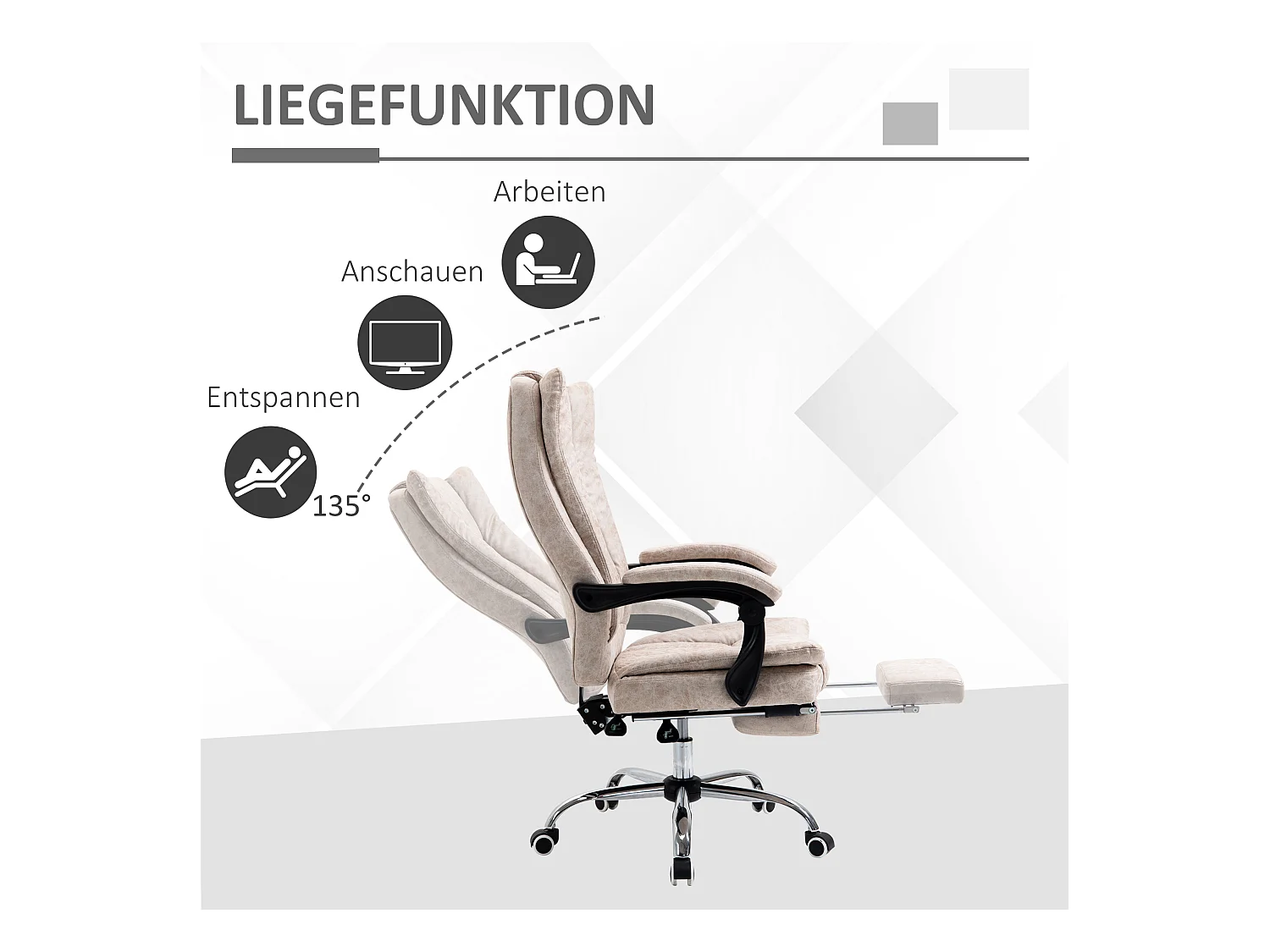 Chaise de bureau avec fonction inclinable et repose-pieds, réglable en hauteur, microfibre beige (63x71x110-118 cm)