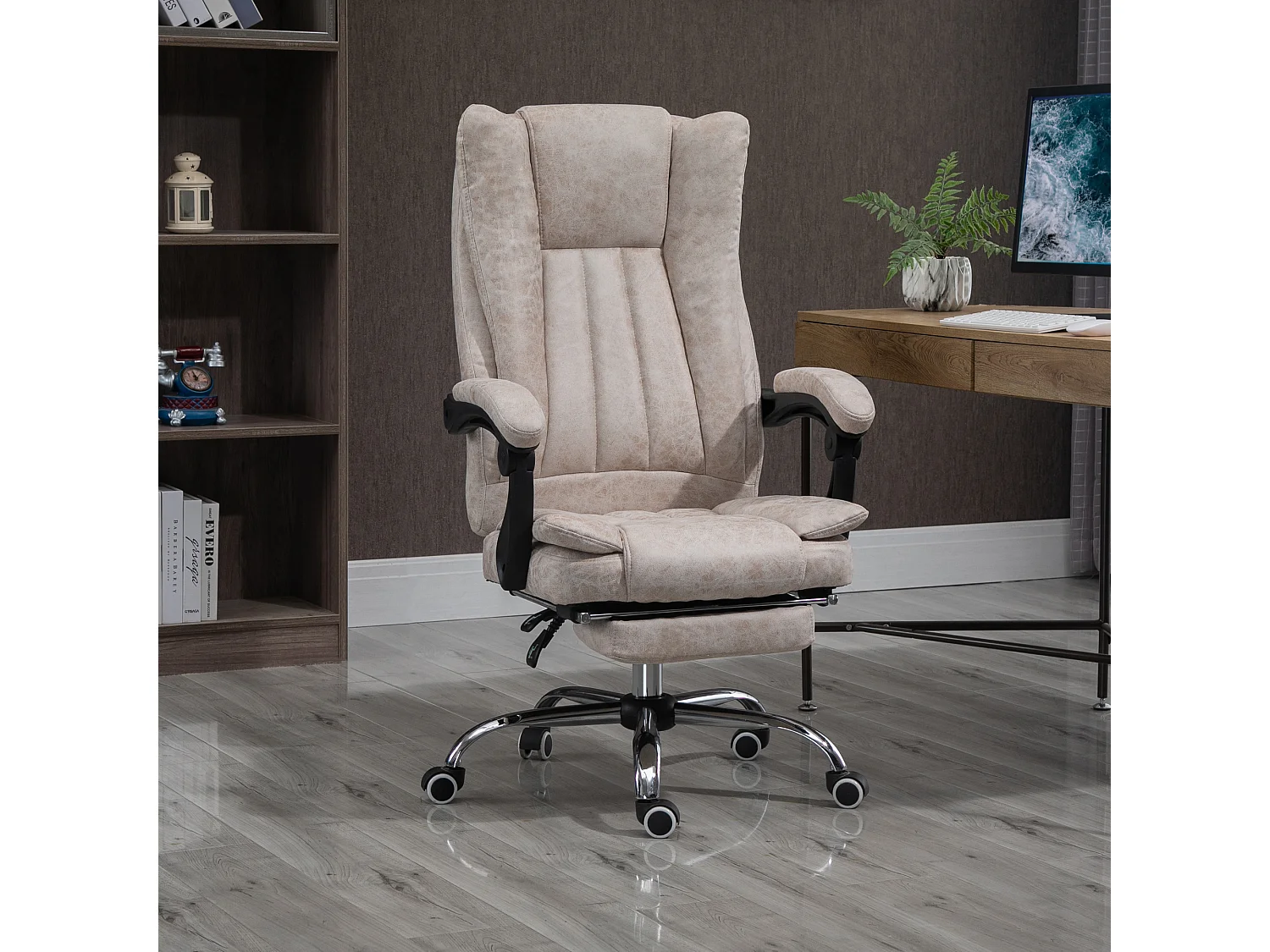 Chaise de bureau avec fonction inclinable et repose-pieds, réglable en hauteur, microfibre beige (63x71x110-118 cm)