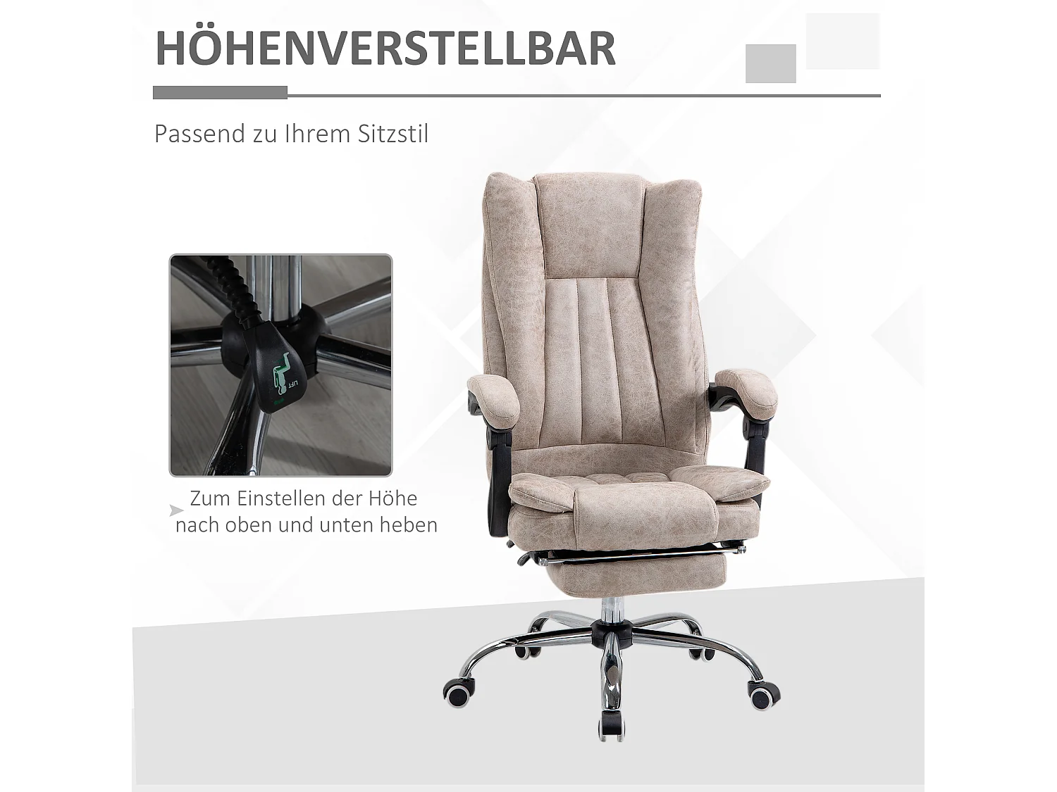 Chaise de bureau avec fonction inclinable et repose-pieds, réglable en hauteur, microfibre beige (63x71x110-118 cm)