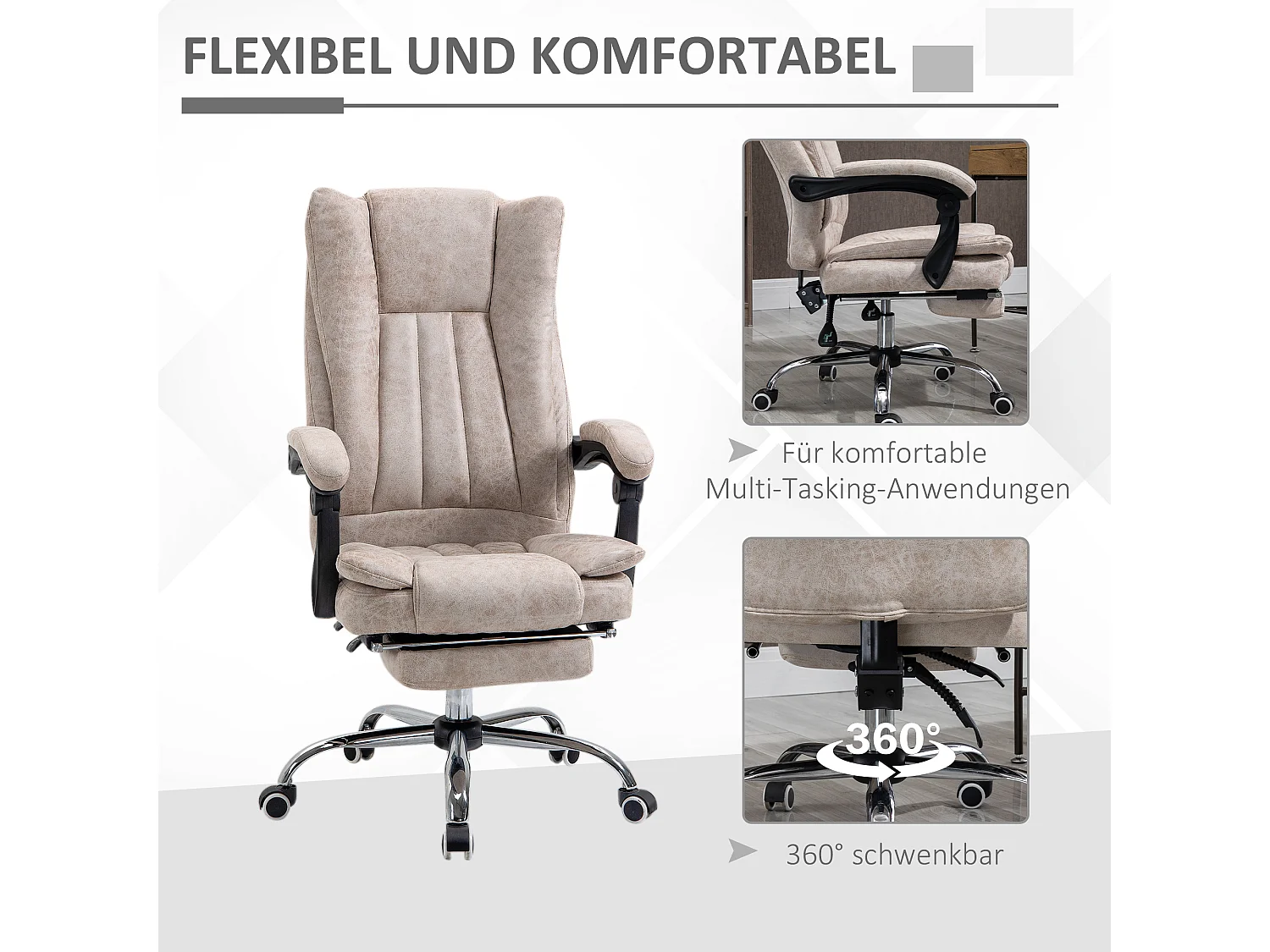 Chaise de bureau avec fonction inclinable et repose-pieds, réglable en hauteur, microfibre beige (63x71x110-118 cm)