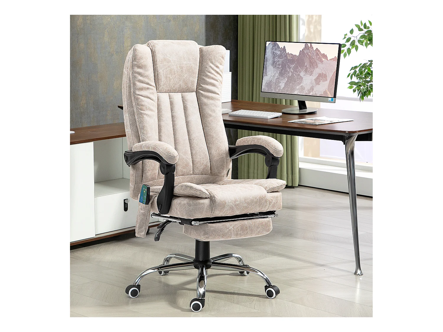 Fauteuil de bureau avec fonction massage et chauffage, inclinable, microfibre, crème blanche (62x70x120cm)