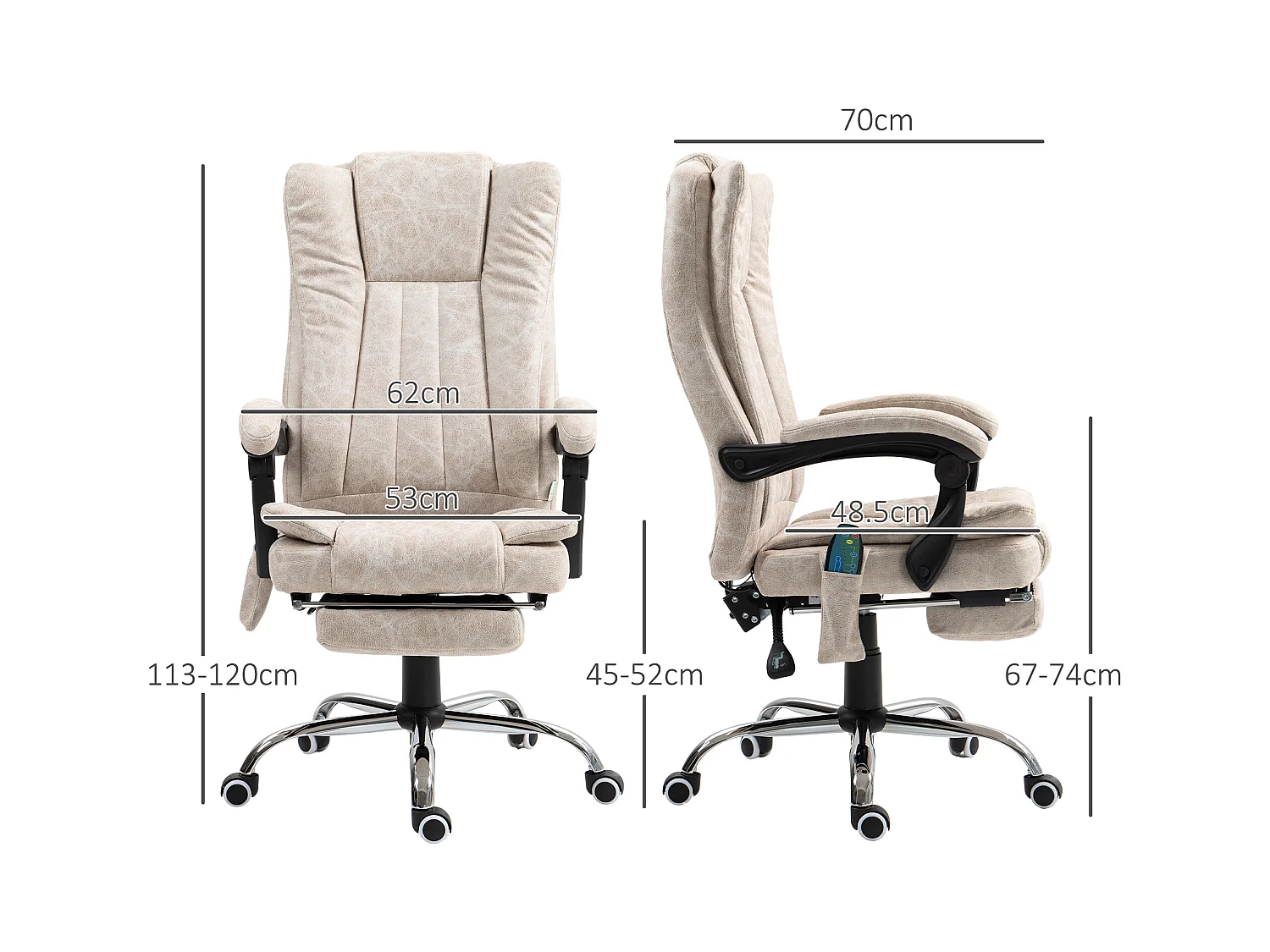 Fauteuil de bureau avec fonction massage et chauffage, inclinable, microfibre, crème blanche (62x70x120cm)