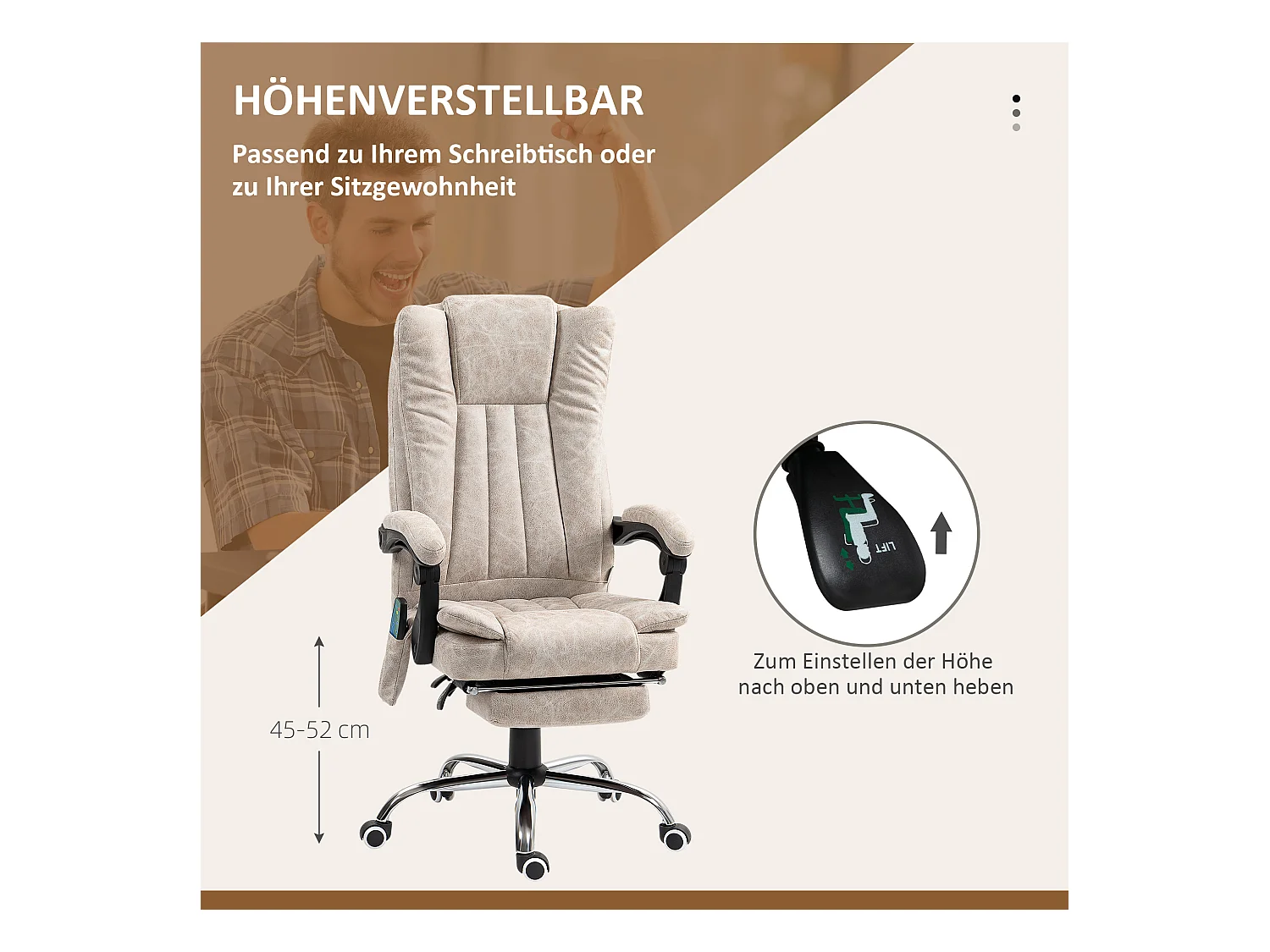 Fauteuil de bureau avec fonction massage et chauffage, inclinable, microfibre, crème blanche (62x70x120cm)