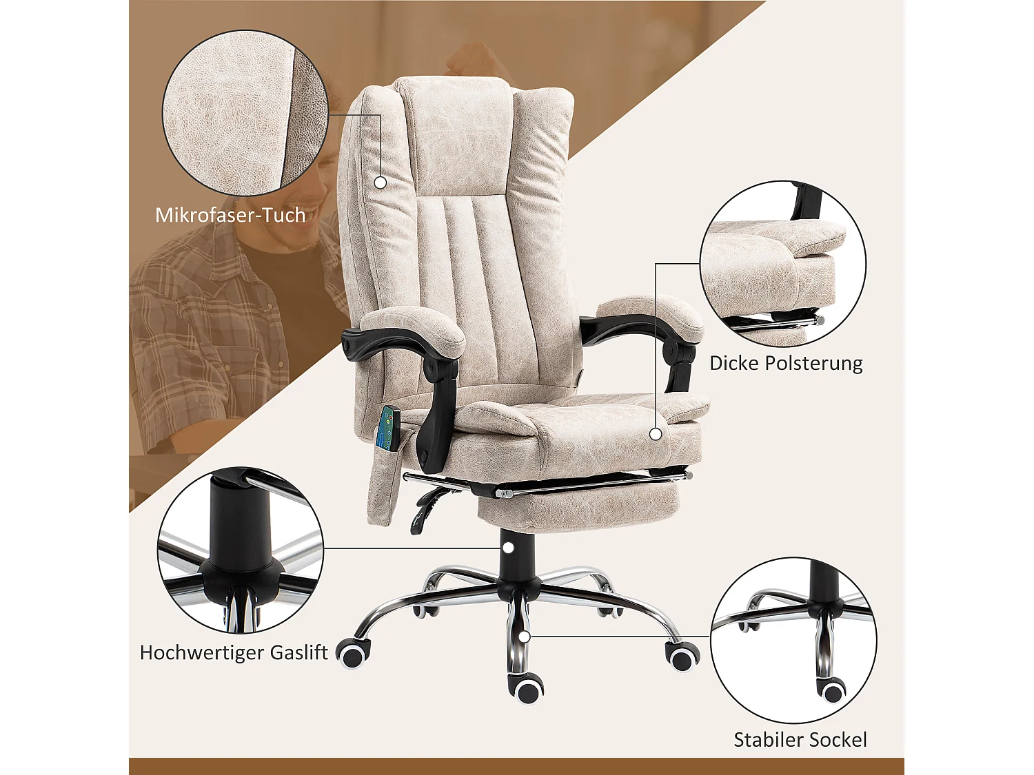 Fauteuil de bureau avec fonction massage et chauffage, inclinable, microfibre, crème blanche (62x70x120cm)