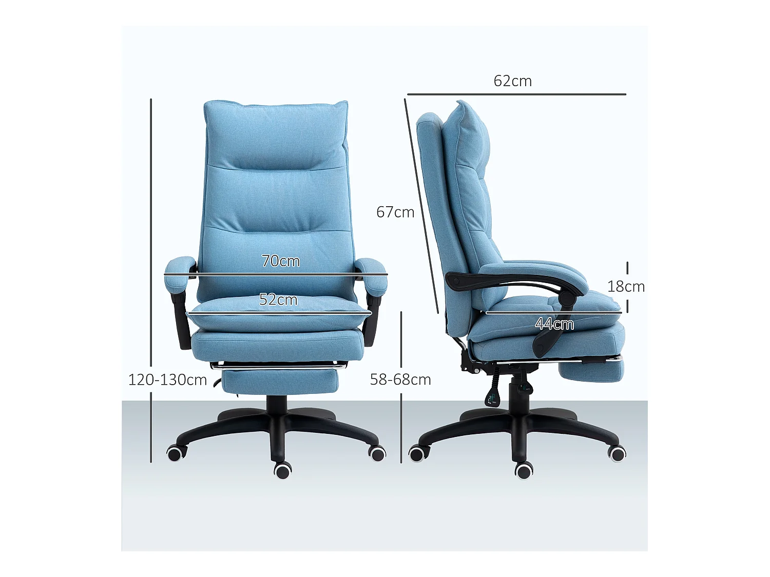 Fauteuil de bureau avec massage, inclinable et pivotant, réglable en hauteur, polyester, bleu (70x62x130cm)