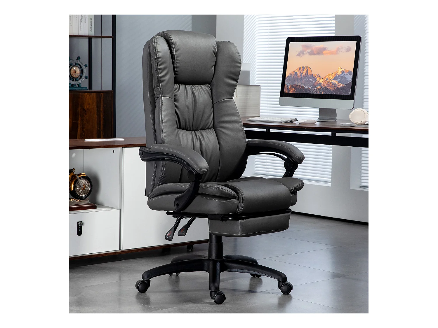 Fauteuil de bureau ergonomique avec massage, repose-pieds escamotable, simili cuir, gris foncé (68.5x68.5x113-121cm)
