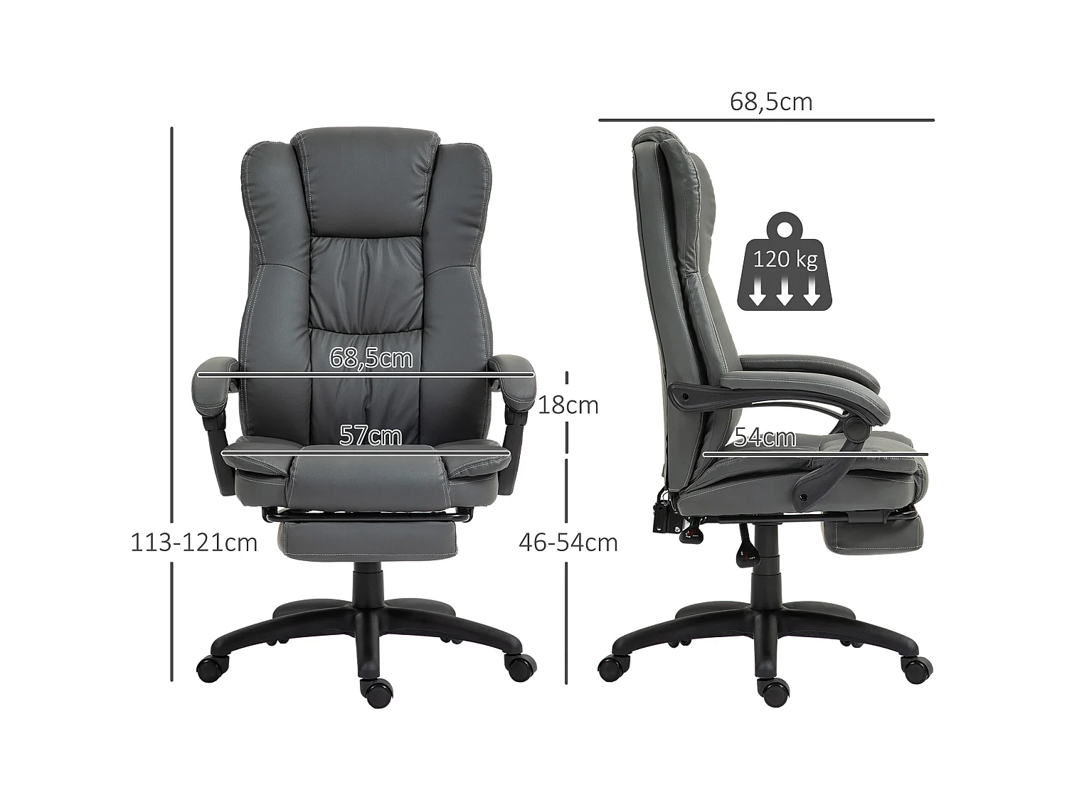 Fauteuil de bureau ergonomique avec massage, repose-pieds escamotable, simili cuir, gris foncé (68.5x68.5x113-121cm)