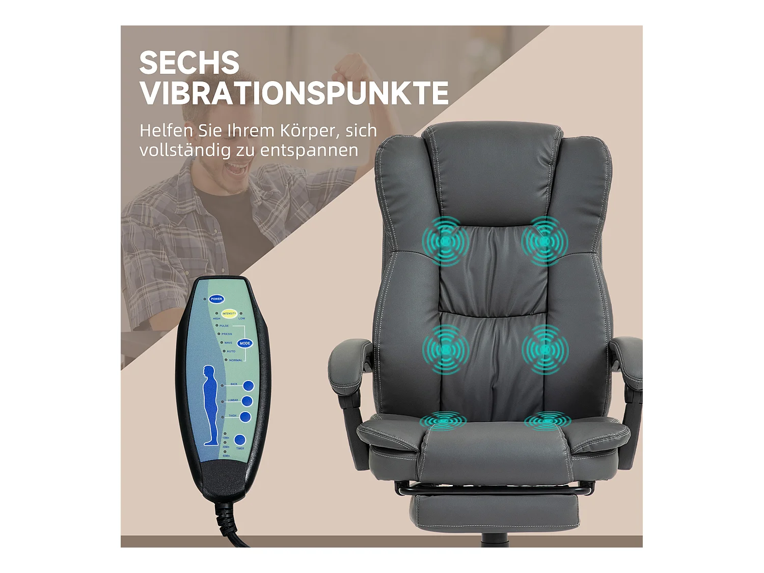 Fauteuil de bureau ergonomique avec massage, repose-pieds escamotable, simili cuir, gris foncé (68.5x68.5x113-121cm)