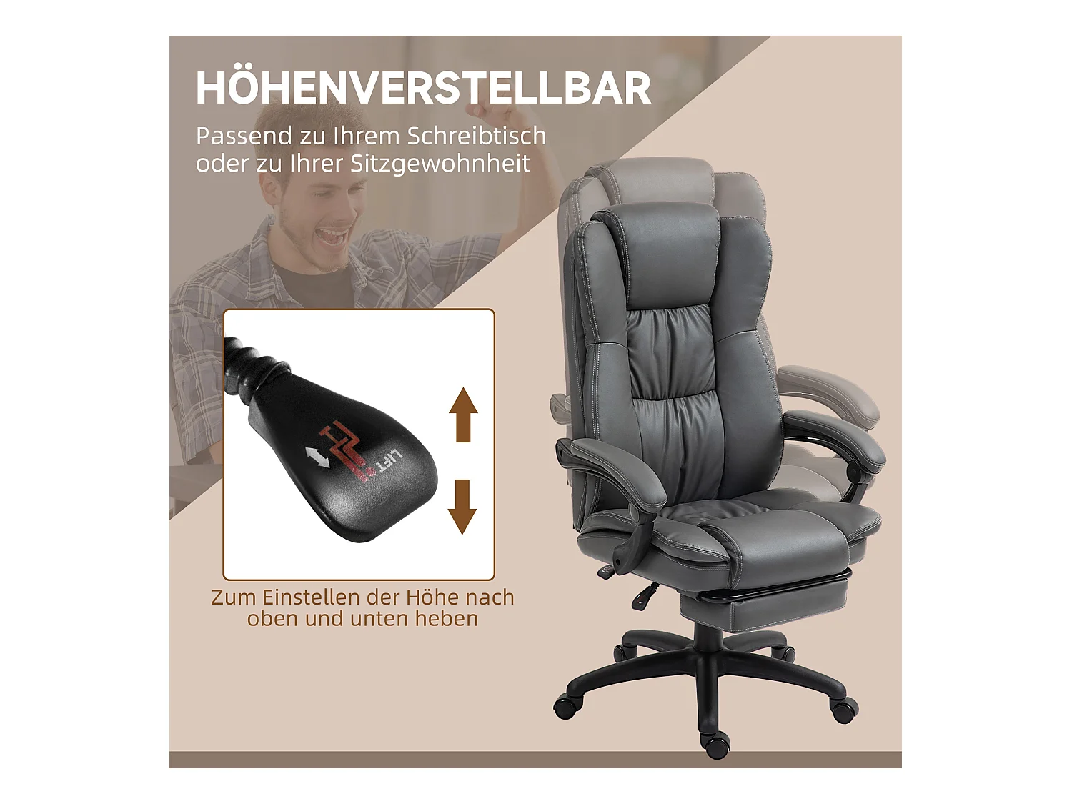 Fauteuil de bureau ergonomique avec massage, repose-pieds escamotable, simili cuir, gris foncé (68.5x68.5x113-121cm)